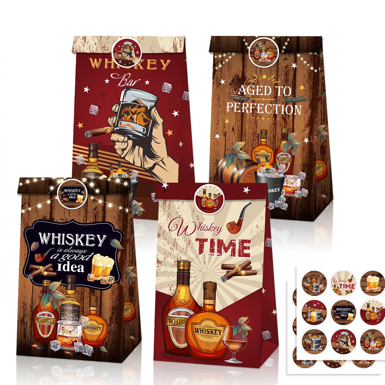 12Pcs Paper Party Bags for Mens Party, 22x12x8cm Whiskey Small Gift Bag Candy Goodie Treat Bags with 18 Stickers for Adults Birthday Men - Aged to Perfection Theme Parties Bag favours Present