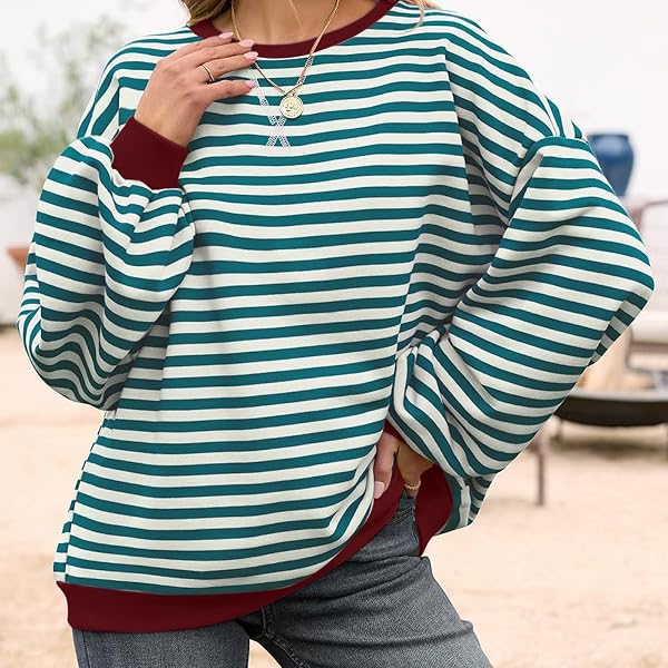 Sudadera de manga larga a rayas para mujer, casual, cuello redondo, con dobladillo de contraste en los puños - 5