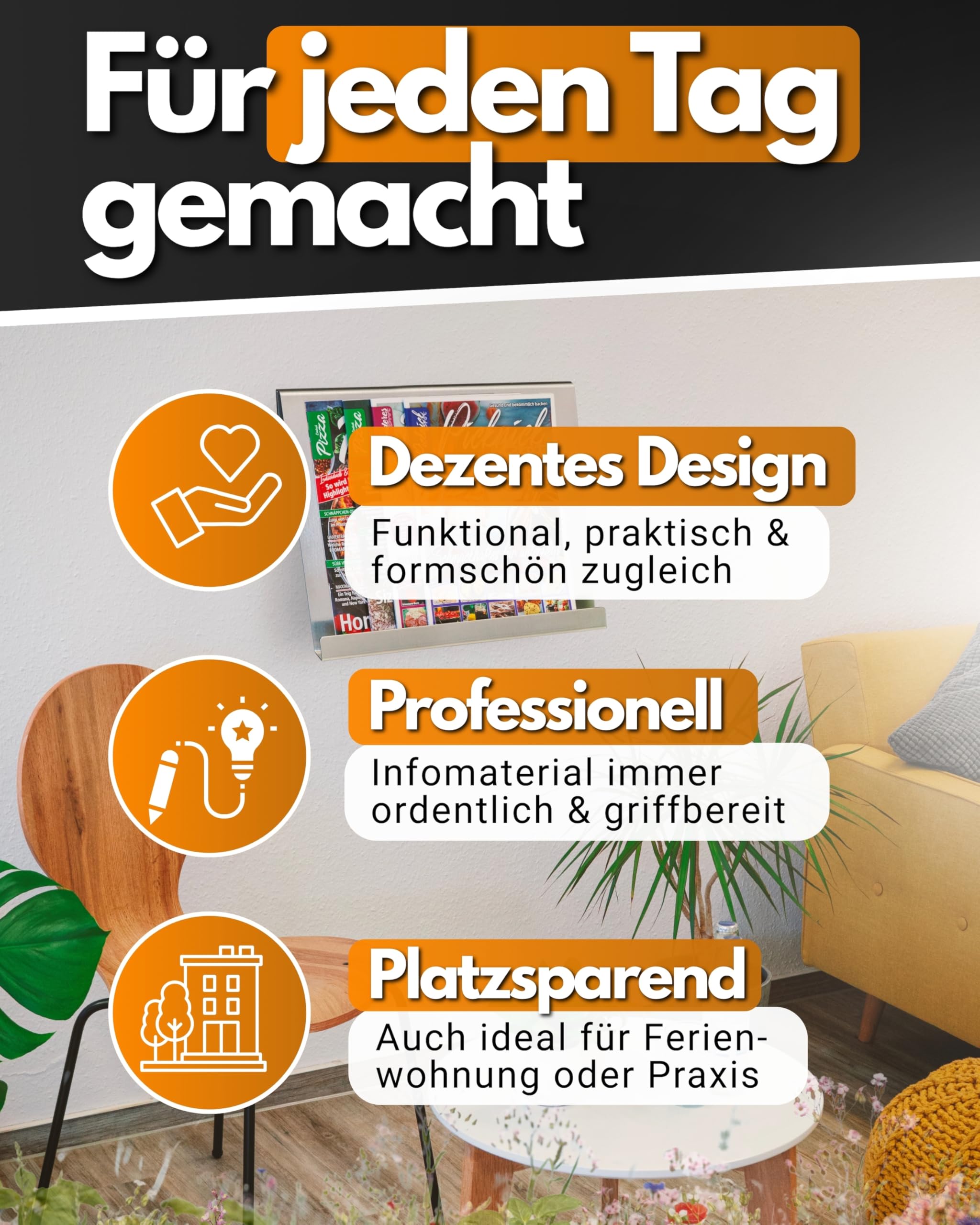Feuerfest 123 Prospekthalter hoch A4 I Hochwertiger Zeitungshalter zum Hängen I Einfach gekanteter Wandprospekthalter aus 100% rostfreiem Edelstahl I Robuster Flyer-Ständer aus präziser Handarbeit