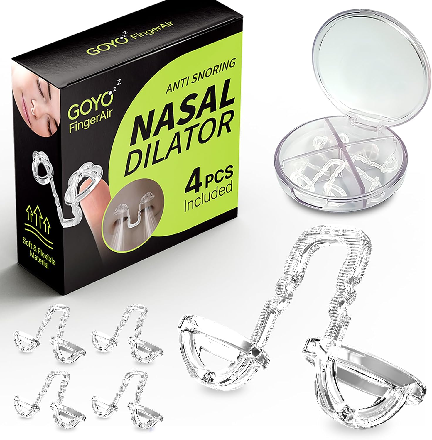 FingerAir Nasal Dilator for Snoring and Breathing, Anti Snoring Devices, Snore Stopper Silicone Anti Snore, Reusable, Comfortable (4pcs Multi-Size Pack: S, M, L, XL)