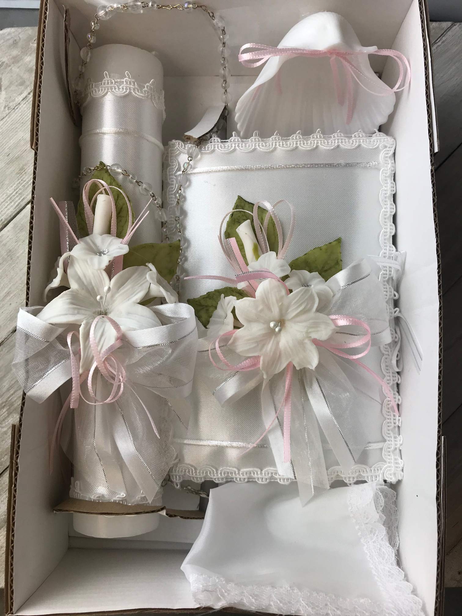 OOKi- Flower Cross Baptism Candle Set Kit for Christenings with Shell - Spanish (Pink)