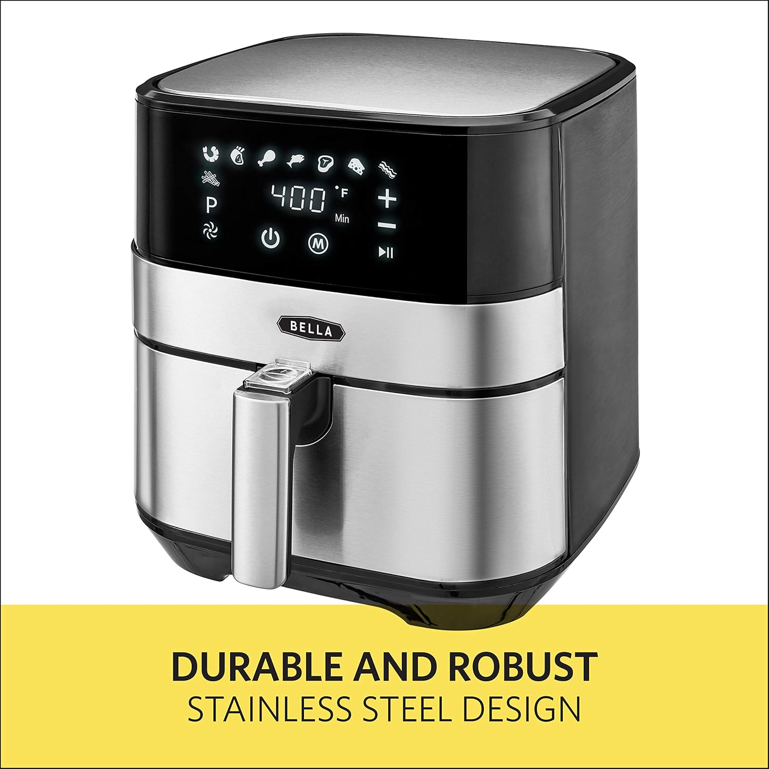 A hand removing the air fryer basket filled with cooked french fries.