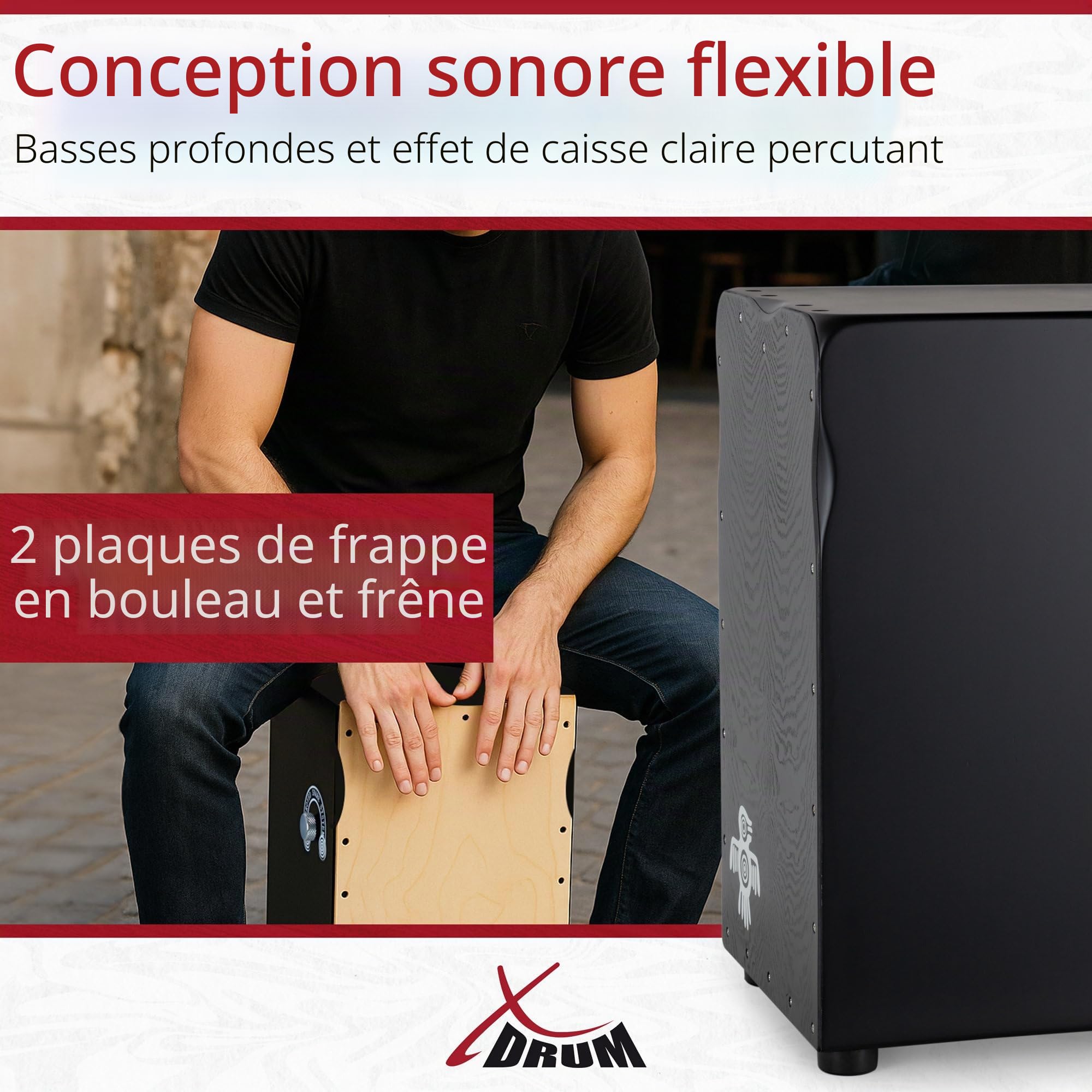 XDrum Pro Cajon Peruana Ash, Plaque de frappe en frêne de 3 mm, 5 cm | Plaque de frappe en bouleau de 3 mm, Caisse en bouleau de 9 mm (7 plis), Plaques de frappe entièrement vissées, 5 cm, 6 kg