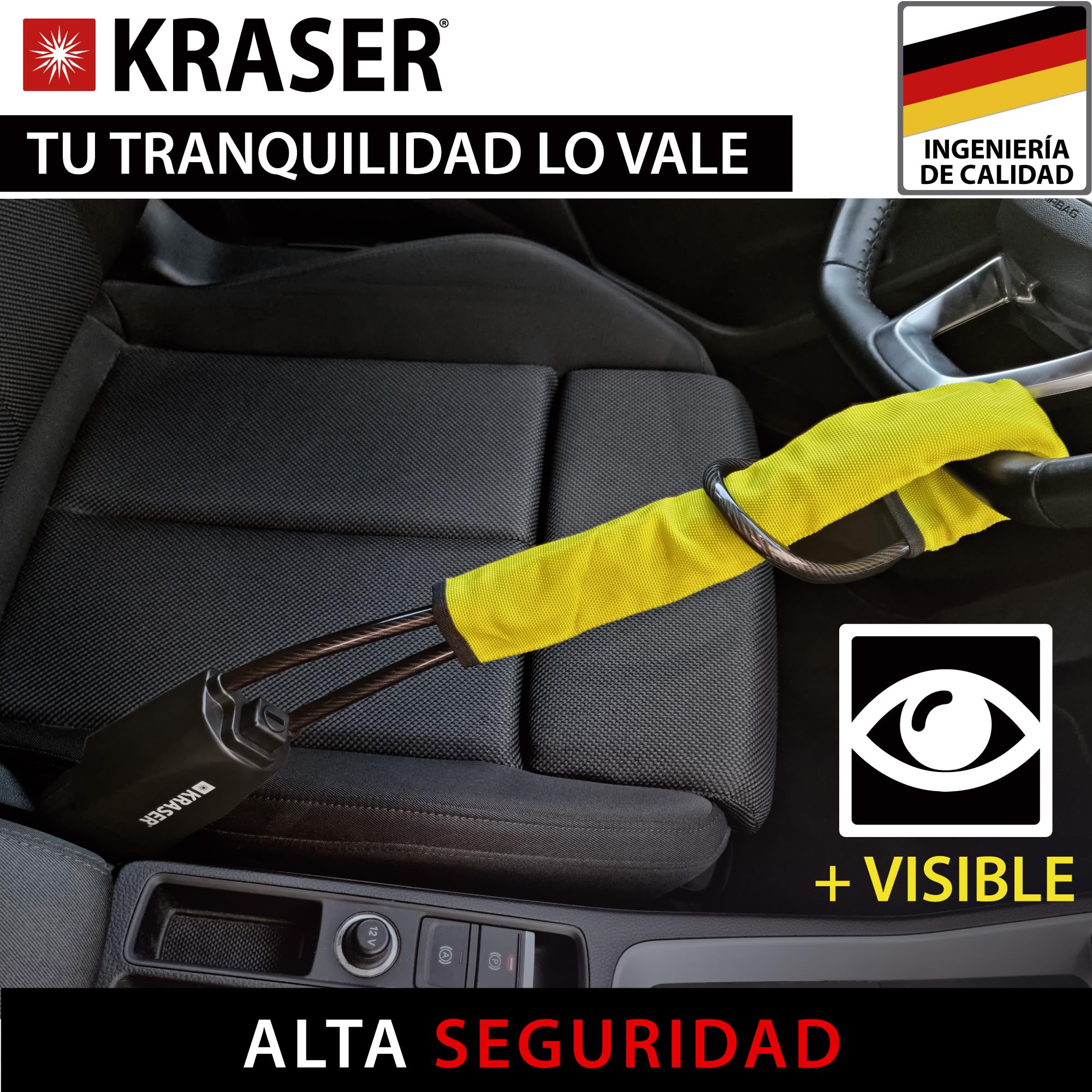 KRASER KR882Y Antirrobo Coche Mejorado, Bloqueo Volante Cinturón Más Robusto, Cerradura Antitaladro Alta Seguridad, Cable de Acero Más Flexible, Visible y Disuasorio, Cepo Auto Universal SUV Furgoneta