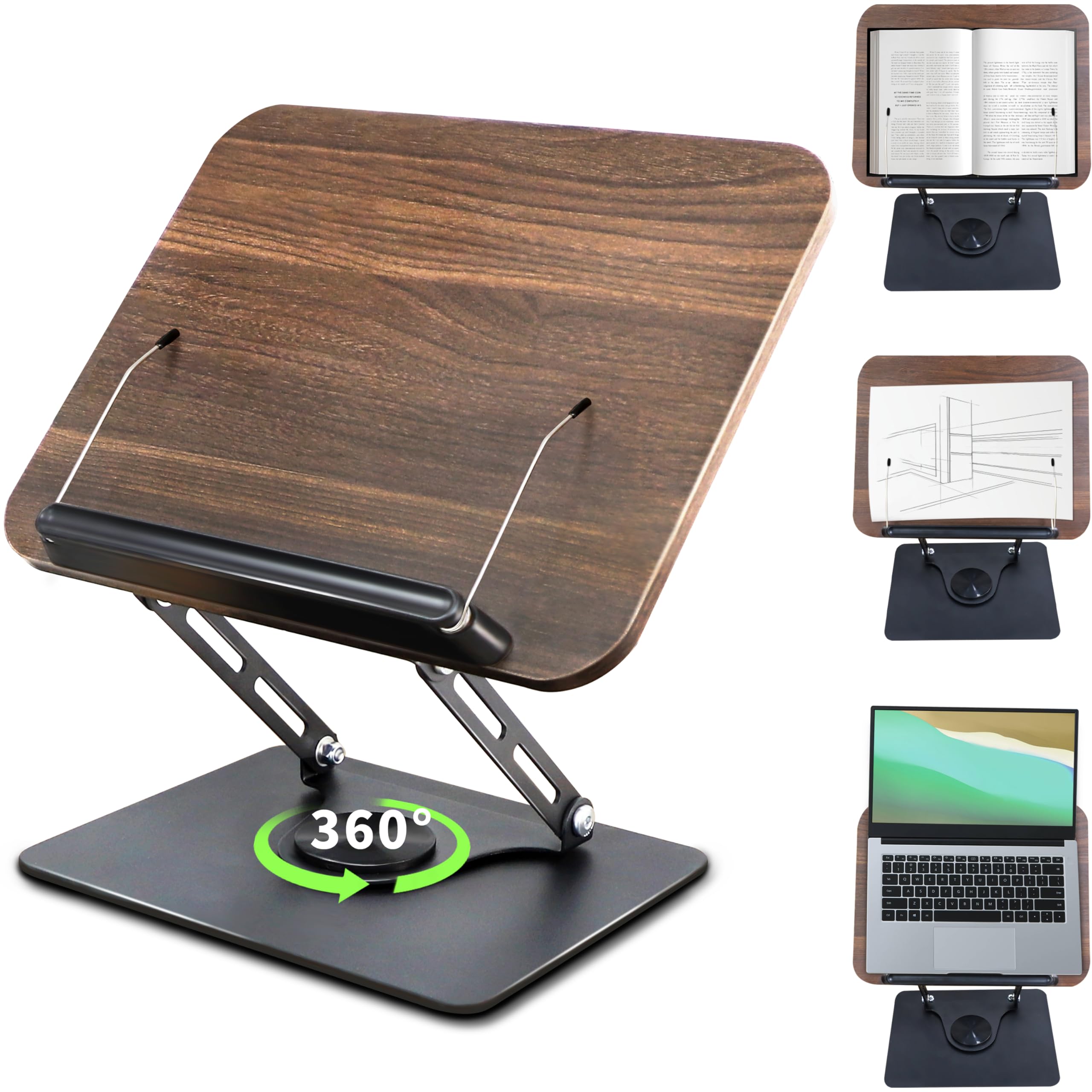 New Upgrade Book Stand for Reading, Book Holder with 360° Swivel Base, Adjustable Height & Angle Cookbook Stand, Foldable Recipe Book Holder for
