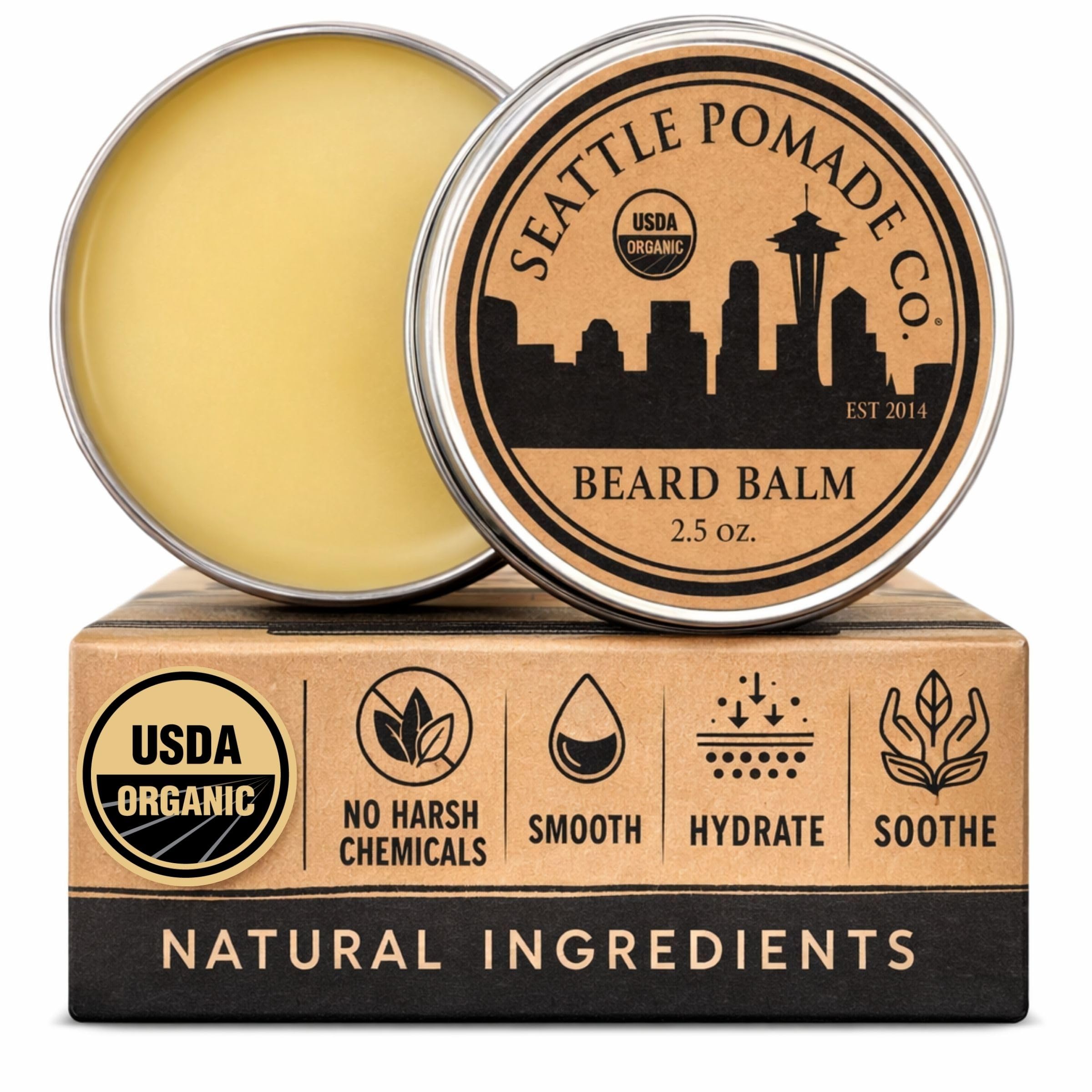 Seattle Pomade Co. Certified Organic Beard Balm made with Organic Beeswax. Strengthens & Softens Beards & Mustaches. Globally sourced certified organic materials.