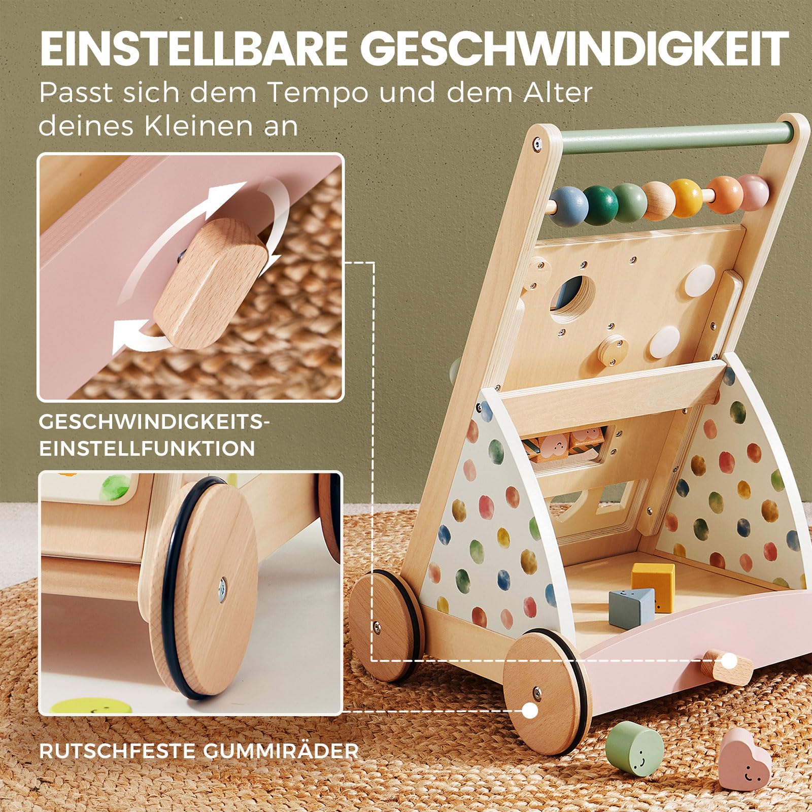 Tiny Land Lauflernwagen Holz Baby Walker - Lauflernhilfe ab 1 Jahr | Laufwagen mit Bremse & Einstellbarer Geschwindigkeit für Jungen & Mädchen, Gehhilfe und Baby Aktivitätscenter