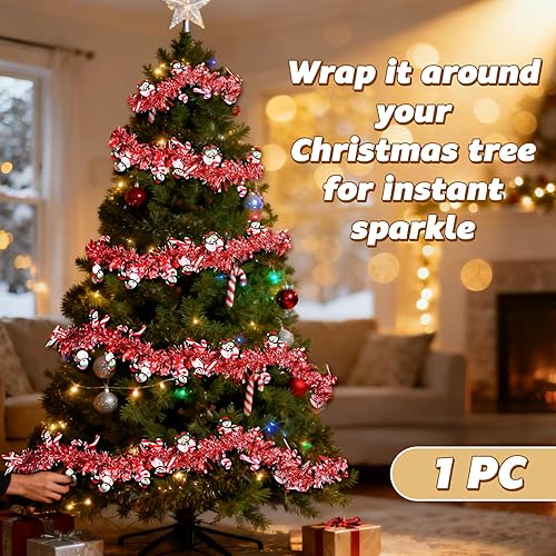 Miniatura 2 de Guirnalda de oropel para árbol de Navidad de 33 pies, guirnalda roja para árbol de Navidad con bastón de caramelo y muñeco de nieve, guirnaldas de