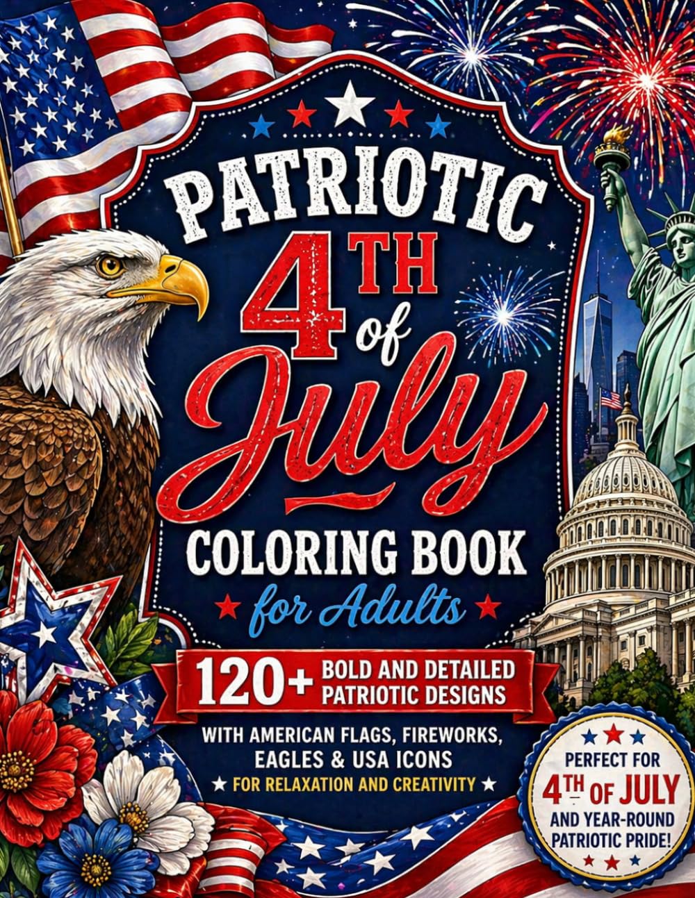 Patriotic 4th of July Coloring Book for Adults: 120+ Bold and Detailed Patriotic Designs with American Flags, Fireworks, Eagles & USA Icons for Relaxation and Creativity (8.5x11)