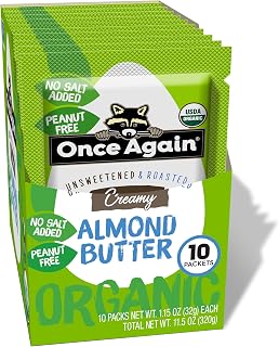 Once Again Organic Roasted Almond Butter Packets - 1.15oz Single Serve Squeeze Packs, 10 Count Vegan Gluten-Free Travel Snacks