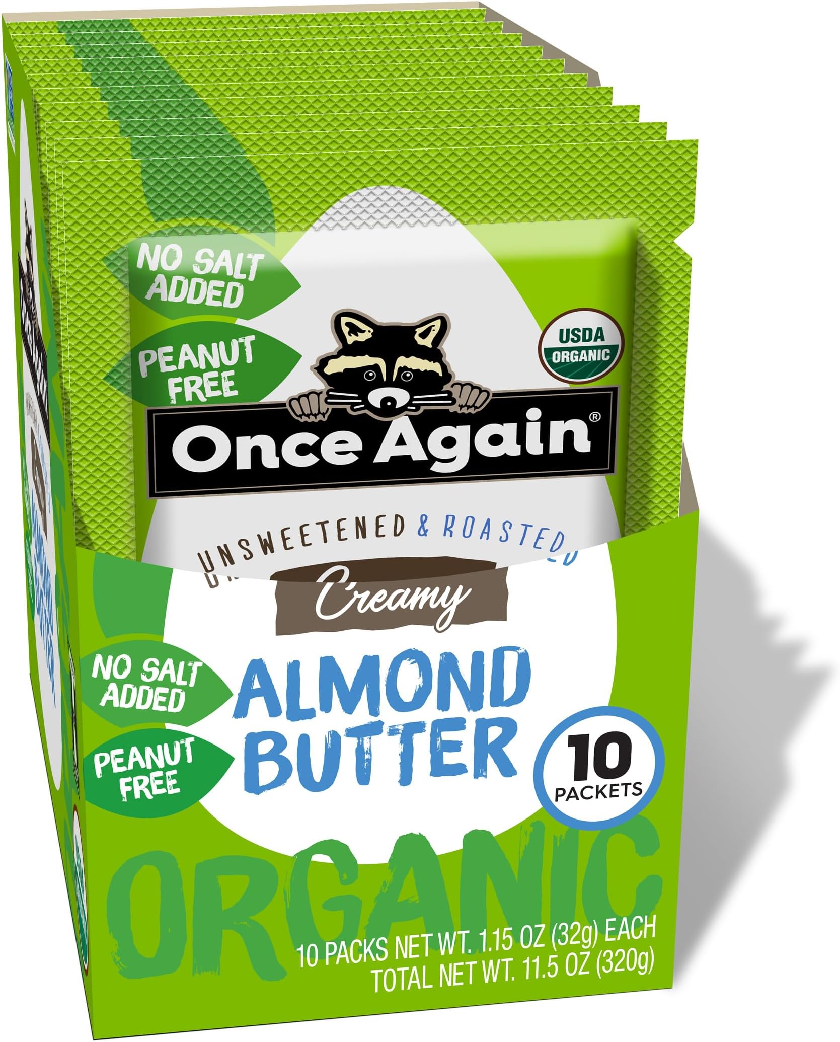 Once Again Organic Almond Butter Packets, Roasted - Individual Nut Butter Packets for Snacks, Travel, Lunches - Single Serve Squeeze Packs - Vegan, Non-GMO, Gluten Free - 1.15 Ounce Packs, 10 Count