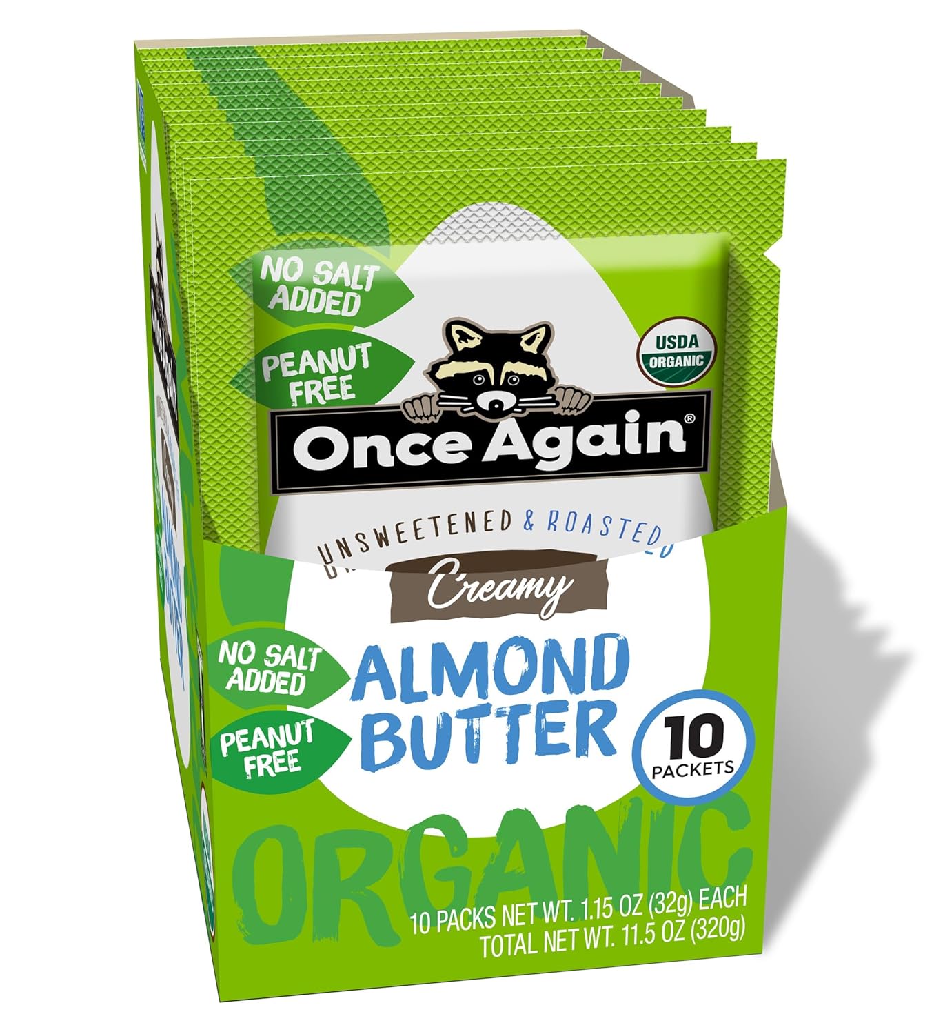 Once Again Organic Roasted Almond Butter Packets - 1.15oz Single Serve Squeeze Packs, 10 Count Vegan Gluten-Free Travel Snacks