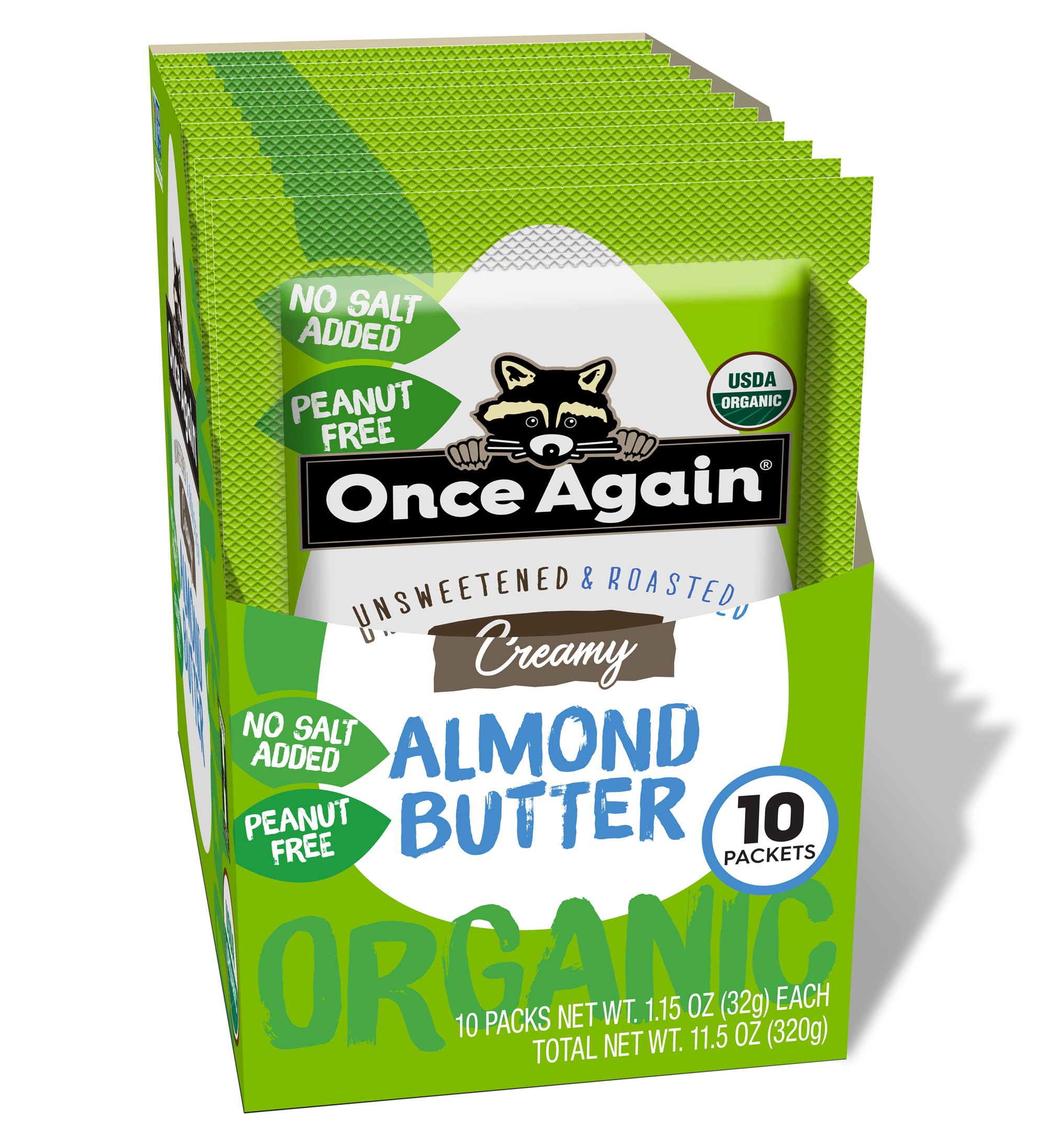 Organic Almond Butter Packets, Roasted - Individual Nut Butter Packets for Snacks, Travel, Lunches - Single Serve Squeeze Packs - Vegan, Non-GMO, Gluten Free - 1.15 Ounce Packs, 10 Count