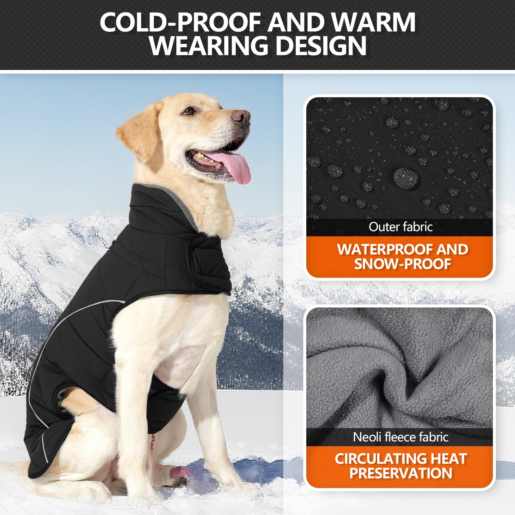 Cappottino invernale impermeabile per cani, foderato in pile, caldo, con strisce riflettenti, anello a D e gilet regolabile, per cani di piccola e grande taglia (nero, XL)