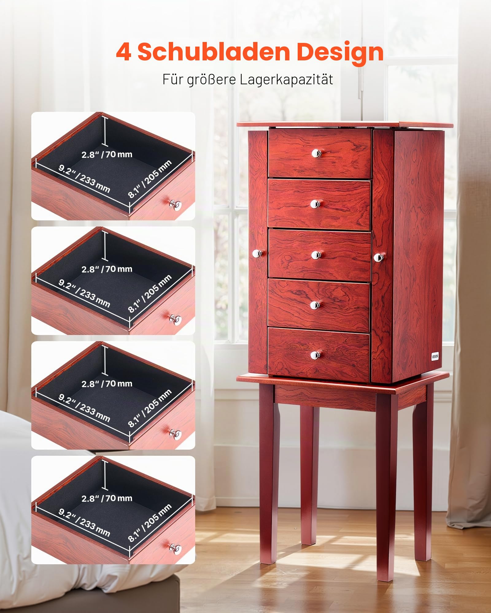VEVOR Schmuckschrank, stehende Schmucktruhe aus Holz mit 4 geräumigen Schubladen, Klappspiegel, 4 oberen Ablagefächern, Griffen aus Zinklegierung, 2 Seitentüren mit 16 Halskettenhaken