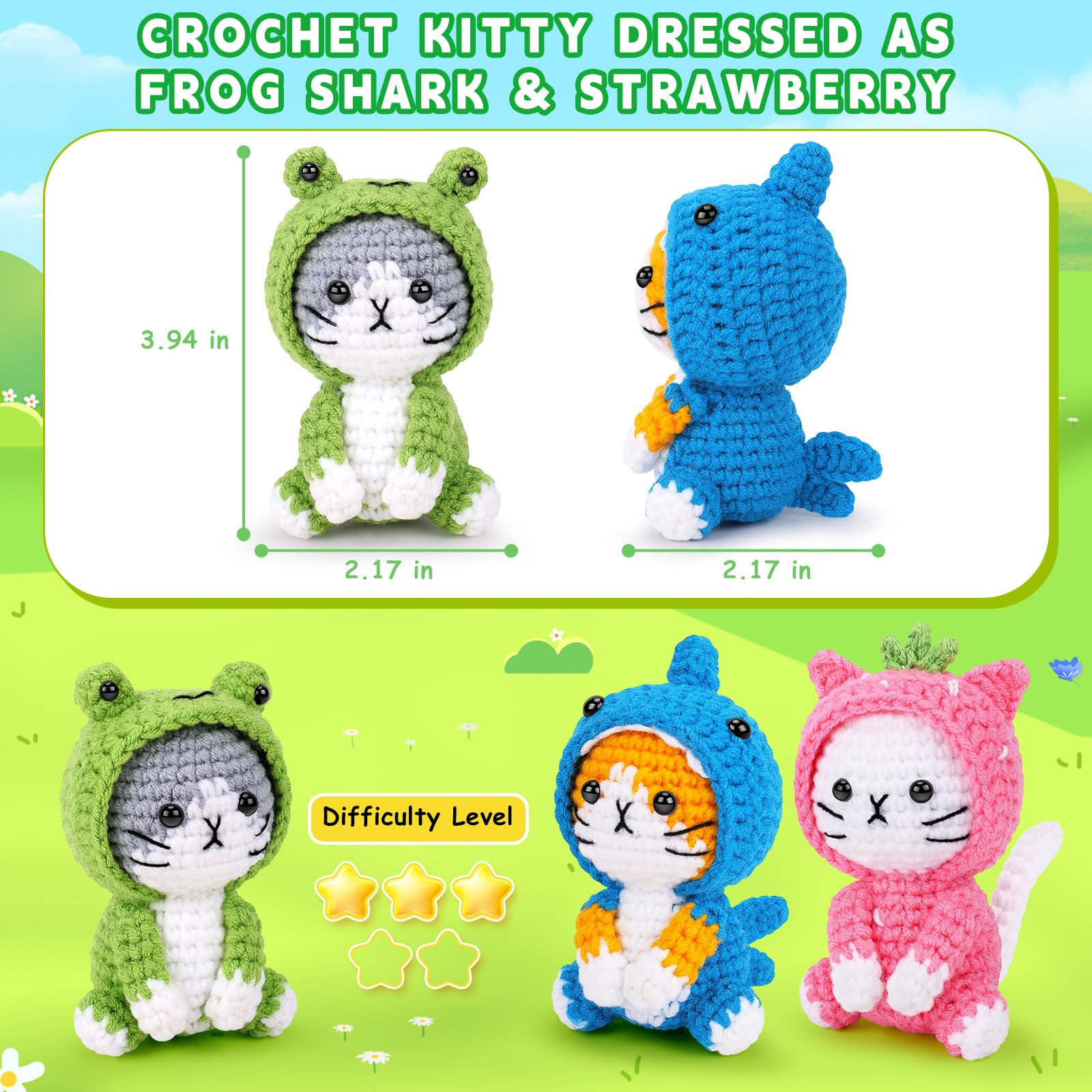 Cat Crochet Kit for Beginners with Video Frog Shark Crochet Kit Cosplay Animal Knitting Kit Crocheted Animal Kits Complete Kitten Crochet Starter Animals Cosplay Set Beginners Crocheted Cat Kit - Image 2