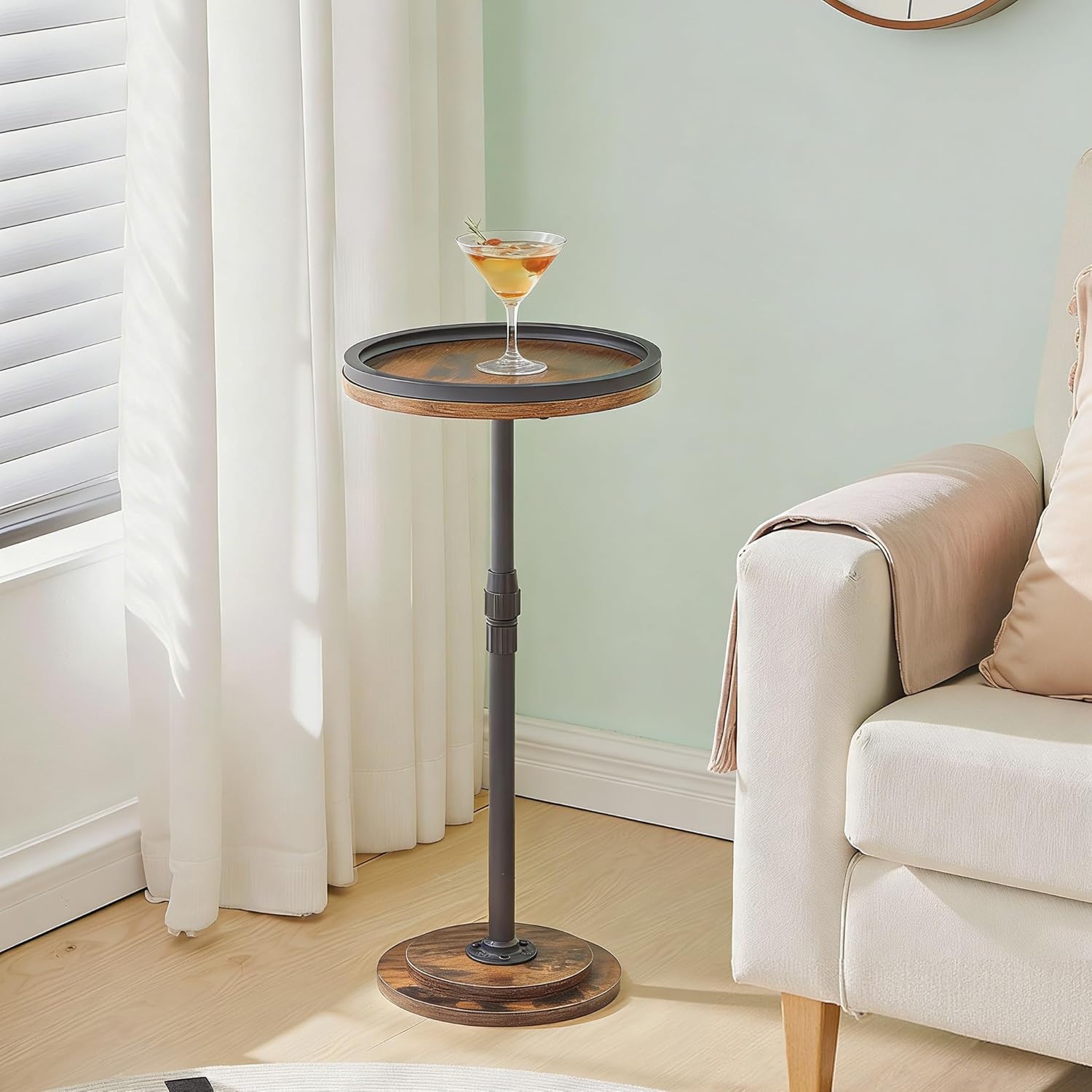 HOOBRO Drink Table Height Adjustable, Small Coffee Martini Table with Stable Accent Base, Round Pedestal Side Table for Small Spaces in Living Room, Bedroom, Sofa Couch, Rustic Brown BF268BZ01