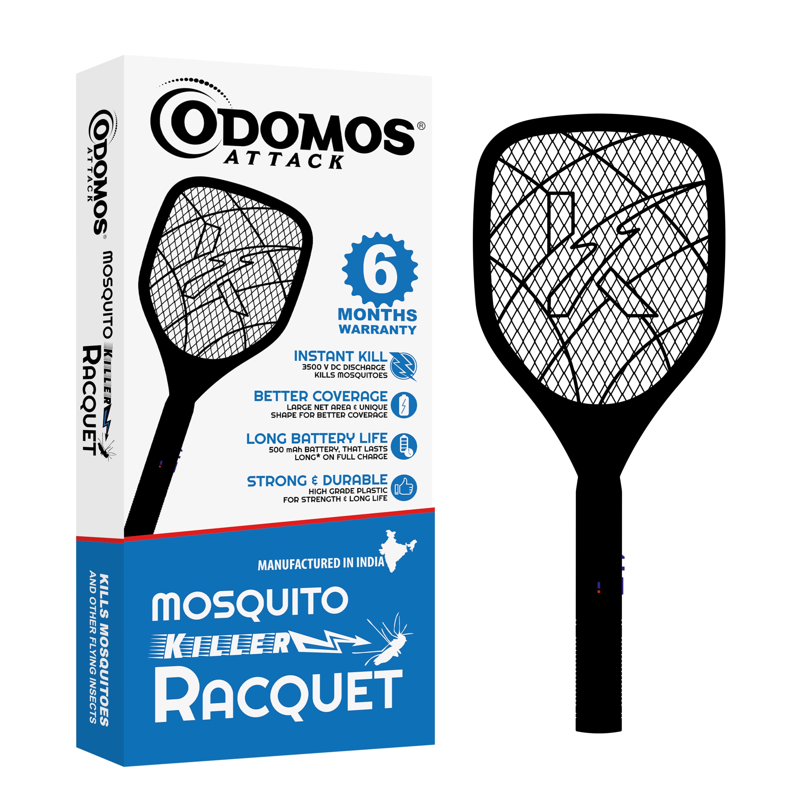OdomosAttack Anti - Mosquito Rechargeable Racquet | 500mAH Battery | Large Net Area for Better Coverage | Long Lasting Internal Battery with Plug in Socket | 6 Months Warranty (Black)
