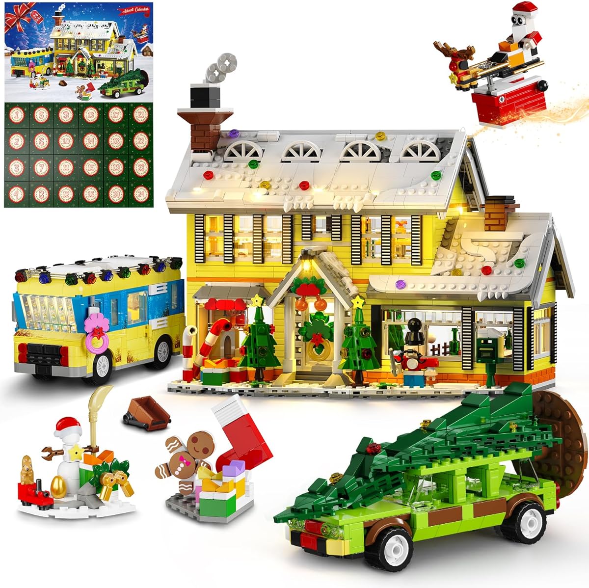 HOGOKIDS Advent Calendar 2025 Christmas Building Set with Light, 24 Days Christmas Countdown House Mini Building Block Kit with Bus & Pickup Truck, Holiday Toys Gift for Adults Kids Girls Boys Age 12+
