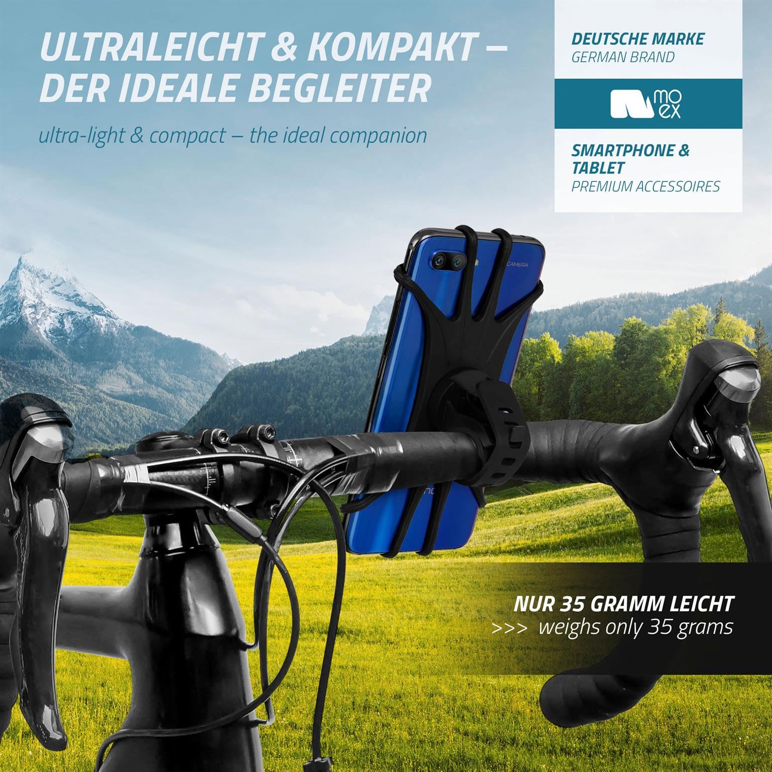 moex Extrem leichte & Flexible Fahrrad Handyhalterung für Huawei P Reihe | Zur Befestigung am Lenker, Oberrohr oder Vorbau