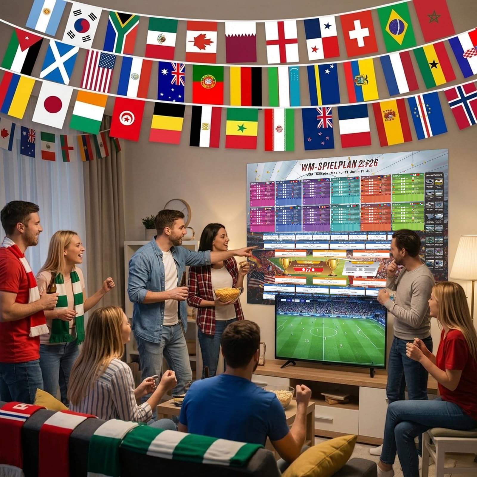 Calendario dei mondiali 2026, articolo per tifosi, set da 49 pezzi con bandierine lunghe 15 m con 48 bandiere nazionali e poster da parete da 70 x 100 cm, decorazione per eventi di calcio