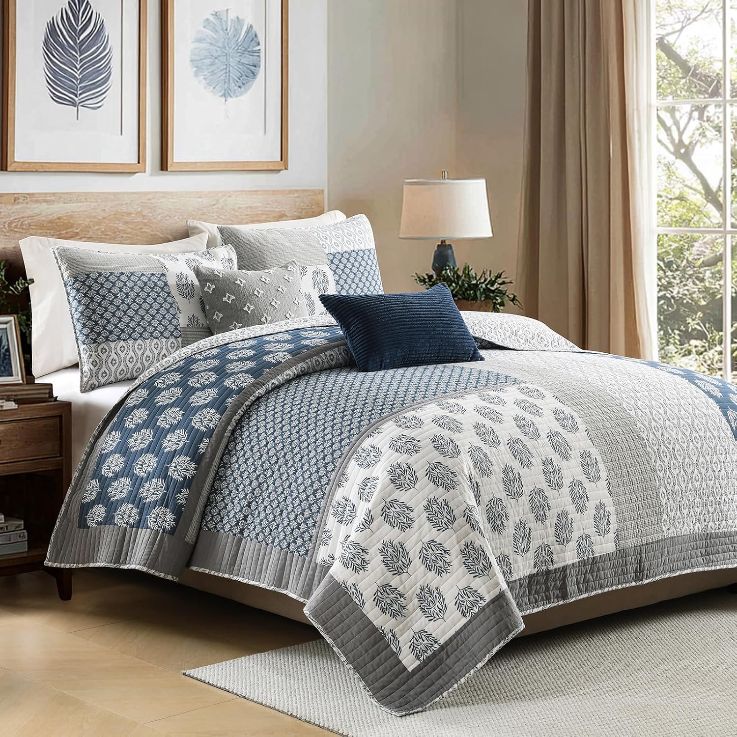 PANGUSHAN 5 Pieces Quilt Set King Size - 100% Cotton King Comforter Set, Patchwork Farmhouse Floral Bedspread, Reversible Lightweight Bedding Bed Spread, All Season, Blue/Grey/White