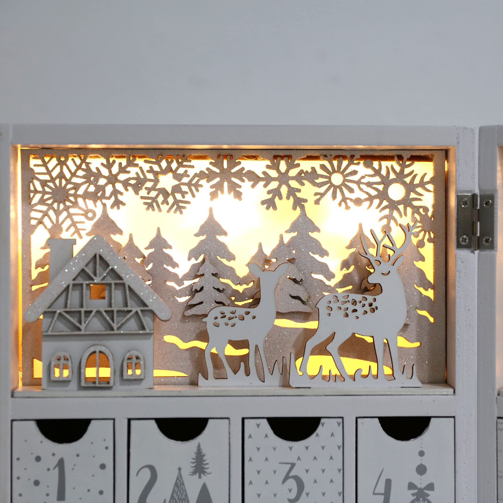 PE Weihnachten Holz Adventskalender Buch mit Schubladen und LED, Wiederverwendbarer Weihnachts-Countdown Holz-Adventskalender mit Dorfwald Rentier-Szene Erwachsene Kinder (Weiß & Gold)