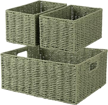 OIAHOMY Wicker Baskets for Organizing, Large and Small Shelf Baskets Set, Handwoven Bins for Storage,Paper Rope Home Organizers, Set of 3-Green