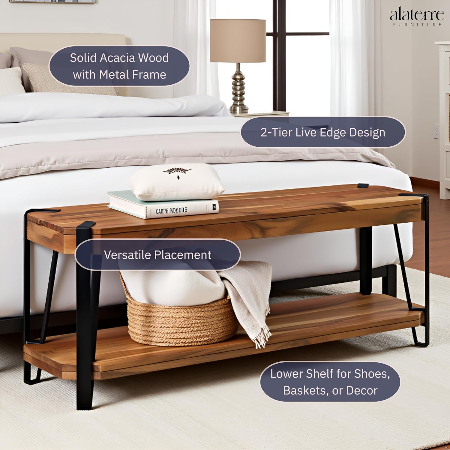 Ryegate 48-Inch Live Edge Acacia Wood & Metal Entryway Bench with Bottom Shelf – 2-Tier Rustic Industrial Wood Bench for Dining Room, Living Room, or Bedroom by Alaterre Furniture