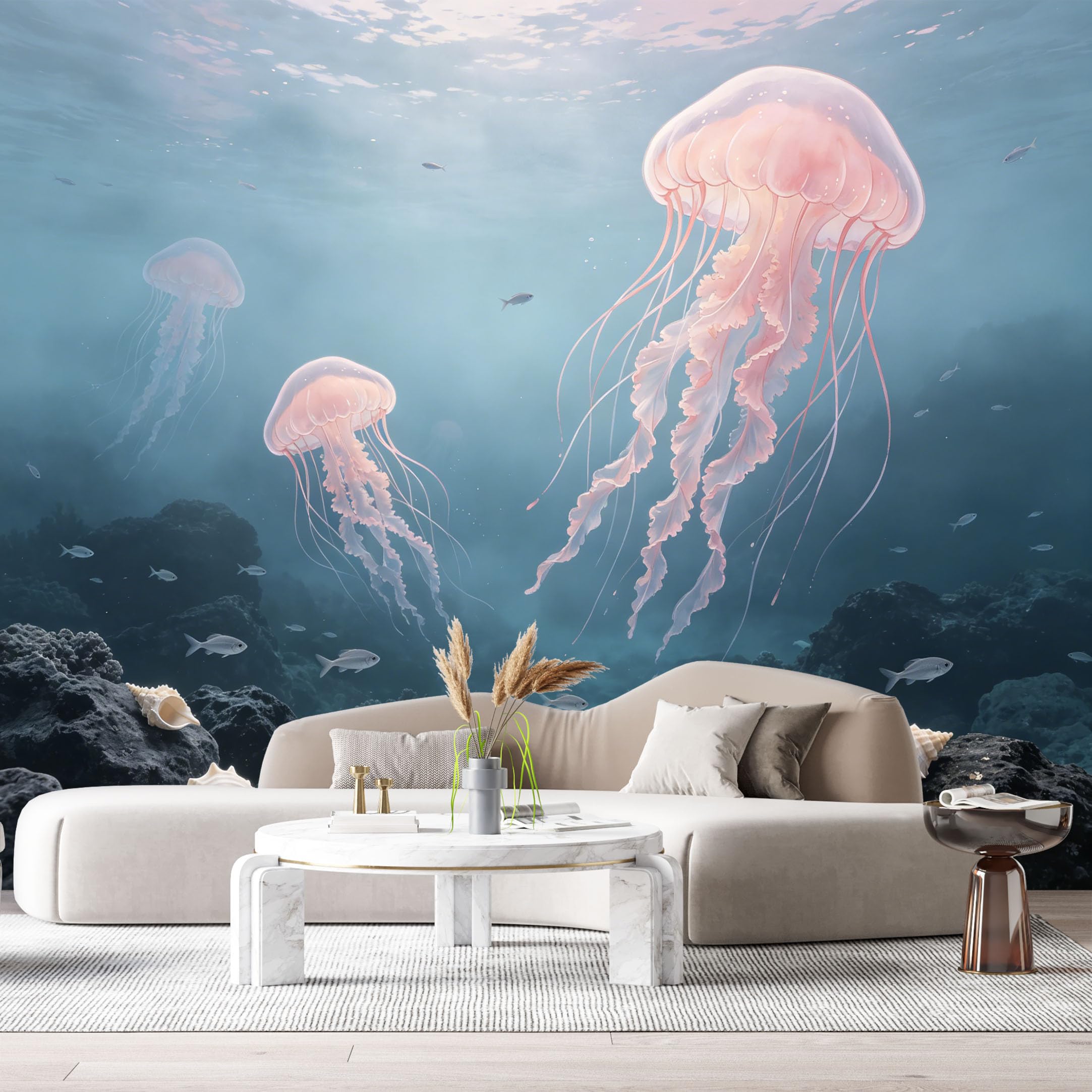 Custom Size Wall Murals Marine Jellyfish Ocean Watercolor 3D Underwater Scene SelfAdhesiveWall Fabric Removable Wallpaper Wall Decor for Living Room Bedroom Bathroom
