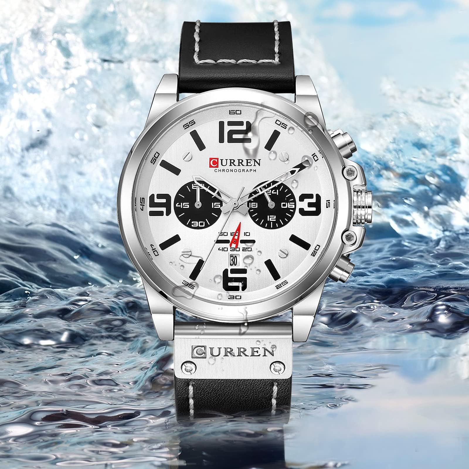 Gosasa - Reloj deportivo de cara grande para hombre, reloj de pulsera de cuero rojo, impermeable, analógico, casual, de cuarzo