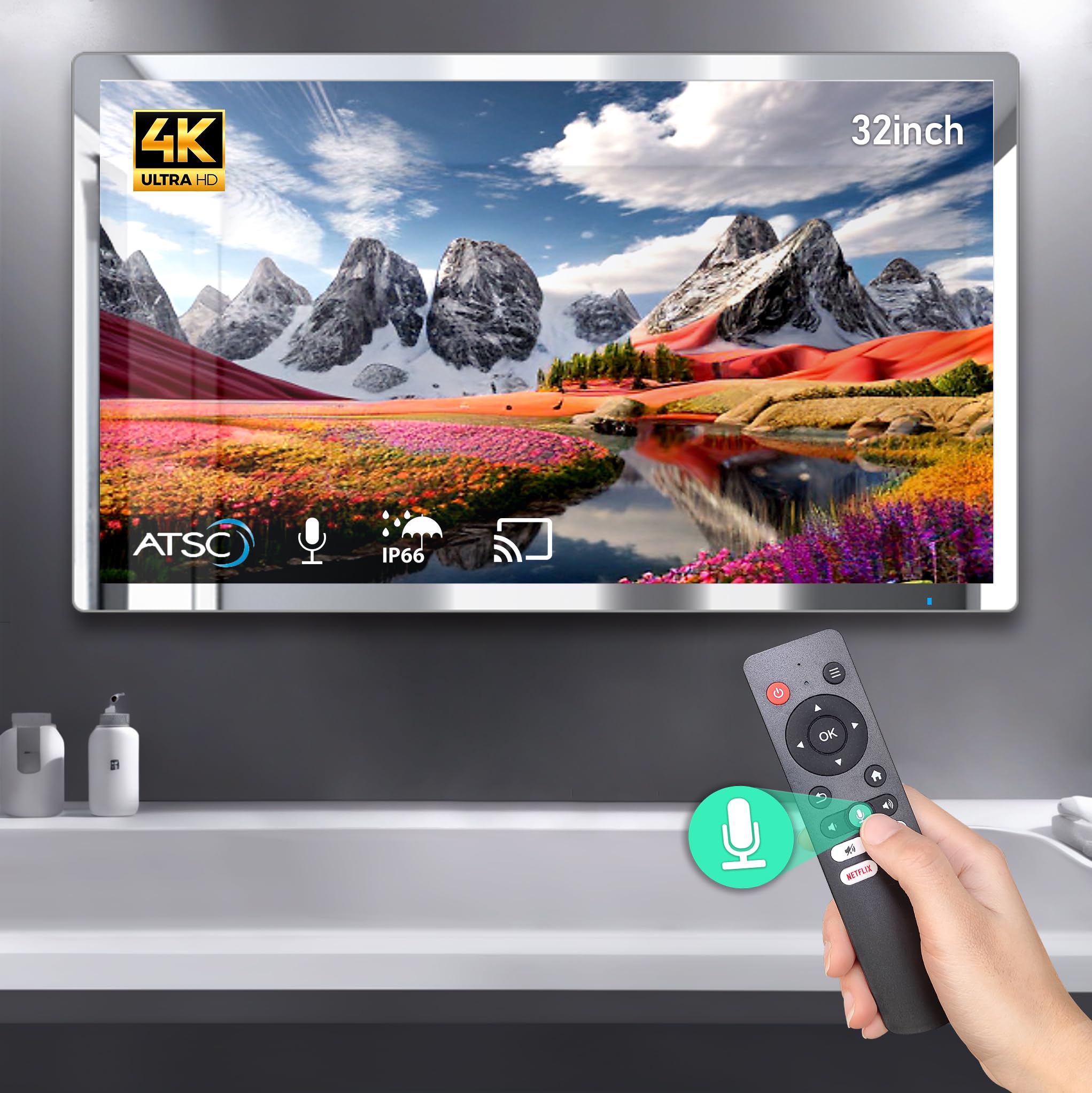 4K Ultra HD 32 inches High-end Smart Bathroom Mirror TV IP66 Waterproof Android TV Supports Voice Remote Control Google Assistant, Built-in ATSC Tuner, HDMI (ARC), SPDIF Bluetooth, Wi-fi.
