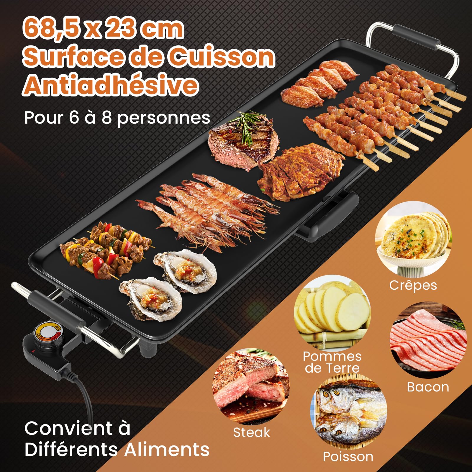 GOPLUS Plancha Électrique XXL 1400W, Thermostat Ajustable, Plancha Grille Table Antiadhésive & Lavable avec Poignée Rembourrée, Grande Capacité pour 8 Personnes (70x24CM)
