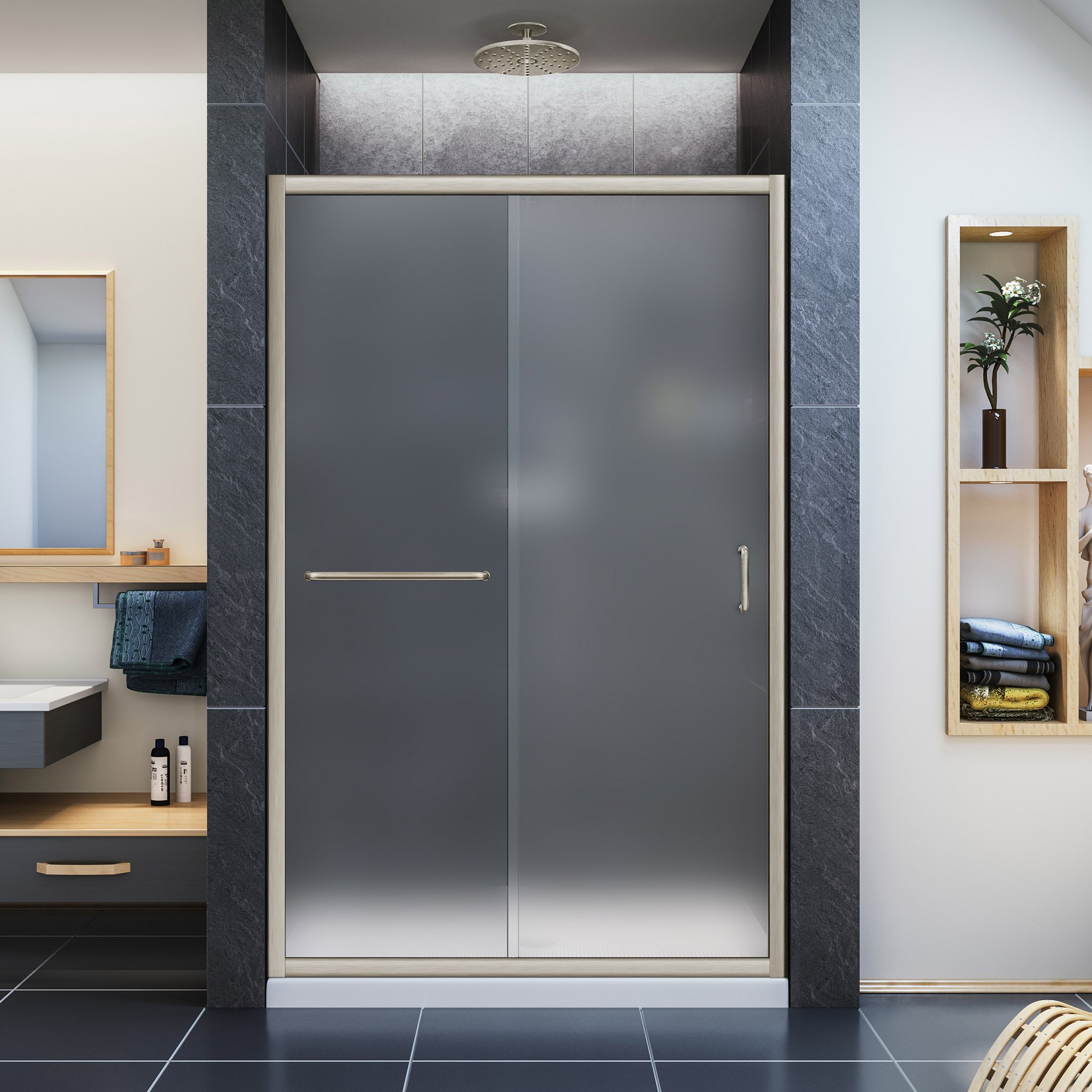 Photo 1 of DreamLine Infinity-Z 44-48 in. W x 72 in. H Semi-Frameless Sliding Shower Door, Frosted Glass in Brushed Nickel