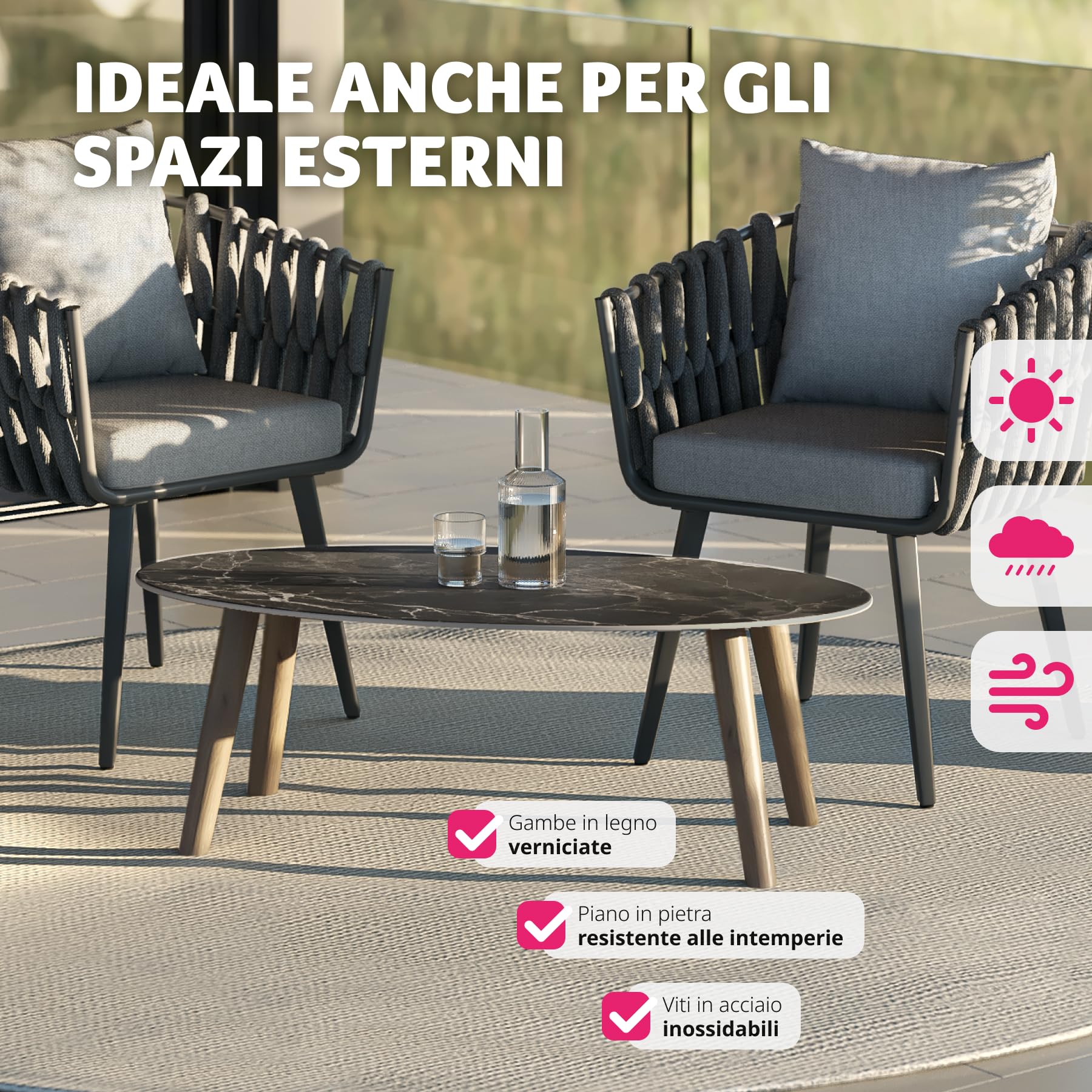 tectake® Tavolino da Salotto, Tavolo da Giardino, Tavolo da Caffè Ovale per Interno ed Esterno, Tavolino Effetto Marmo con Gambe in Legno Massiccio, 100x50x34,5 cm - Naturale