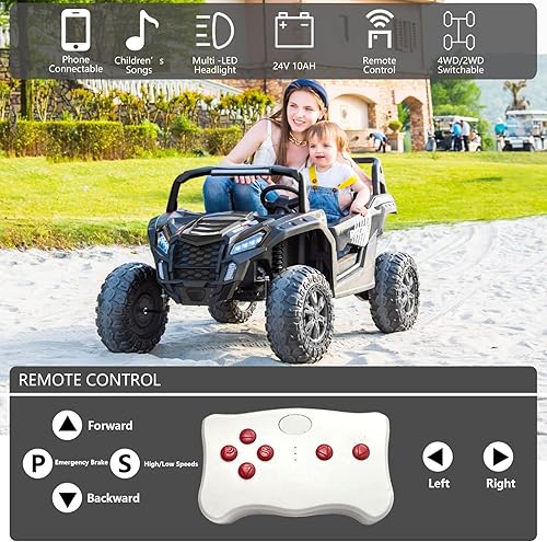 Miniatura 2 de POSTACK Coche de juguete de 24 V, 2 plazas, 4 ruedas para niños de 3 a 12 años, 4WD UTV con control remoto para padres, vehículos eléctricos 4x4,