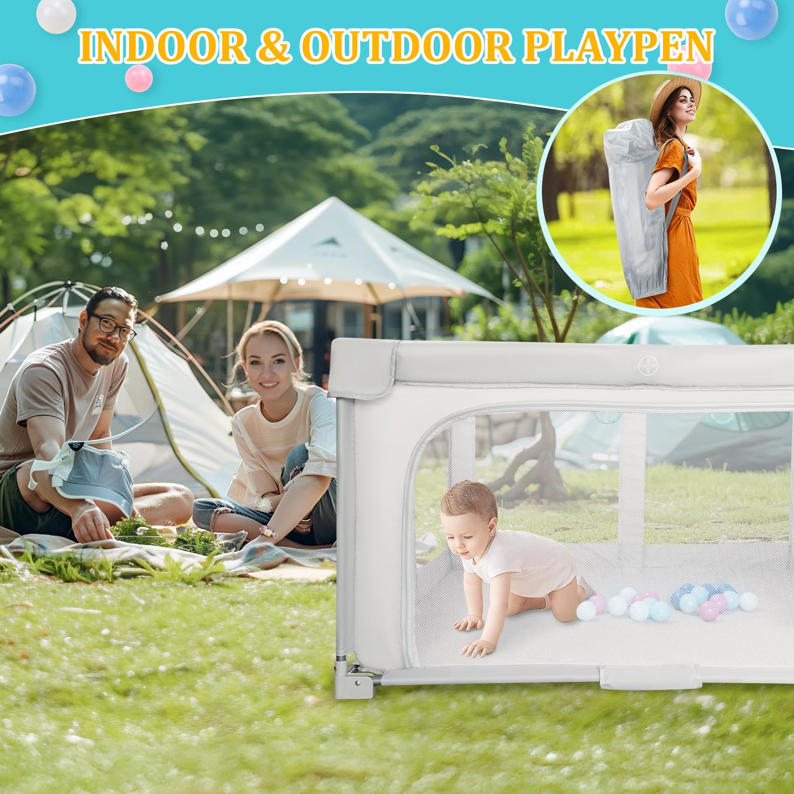Growithu Recinto per Bambini Pieghevole 127x127cm: Box Bambini per Interni ed Esterni - Box Neonato con Borsa da Viaggio, 20 Palline e 4 Anello di Trazione