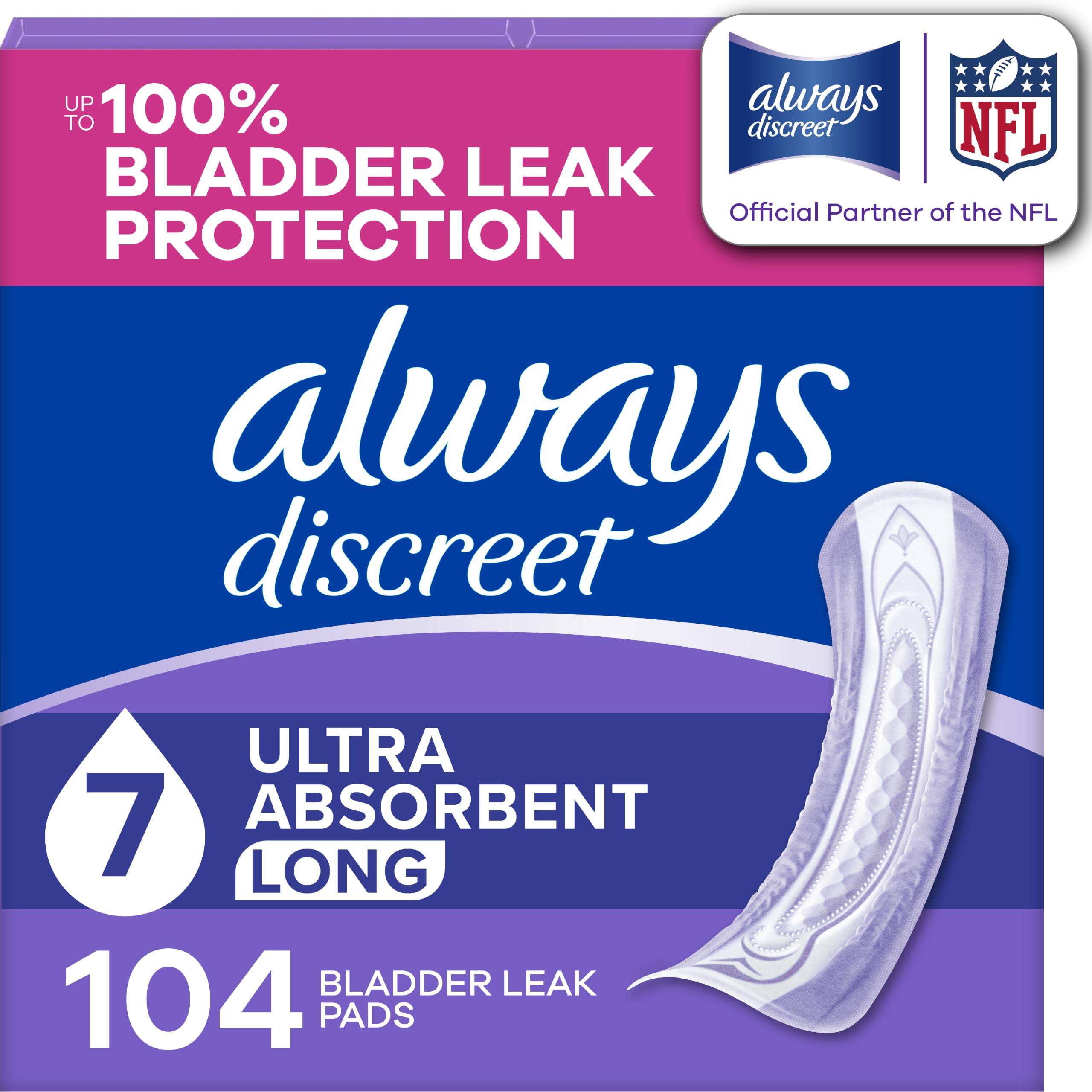 Photo 1 of Always Discreet Adult Incontinence Pads for Women, Drier, 7 Drop Long Length, Ultra Absorbency, Pads for Bladder Control Management, Bladder Leaks, Overnight & Postpartum Pads, 104ct