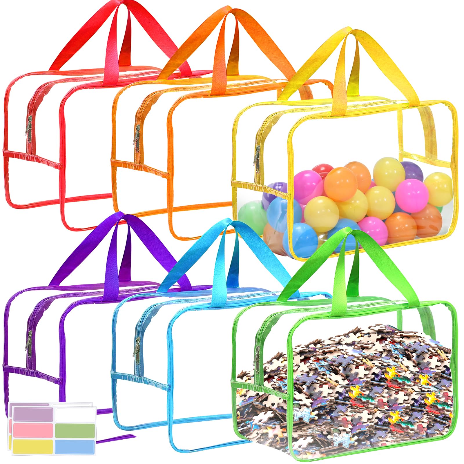 6 Packs Extra Large Toy Storage Bags, 12.6 * 9.25 * 6.9 IN Clear Colorful Waterproof Toy Organizer Bags with Labels, Dual Zippers and Portable Handheld Design, Board Game Storage for Building Blocks