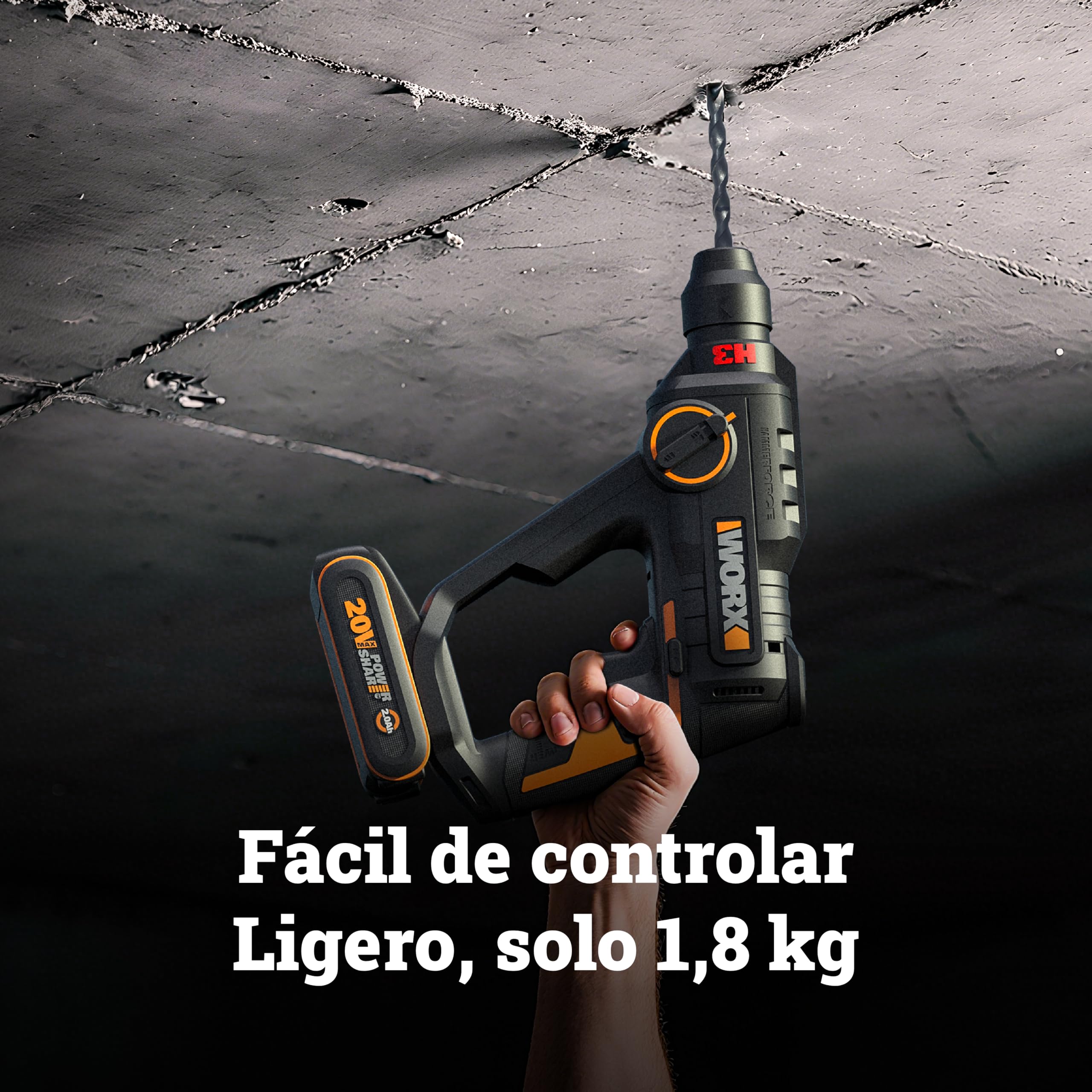 WORX WX391 Martillo perforador inalámbrico 20V, 1,2J, taladrado rápido en hormigón, 3 funciones en 1, 10 brocas para hormigón, madera y metal, batería de 2 Ah y cargador rápido de 2A