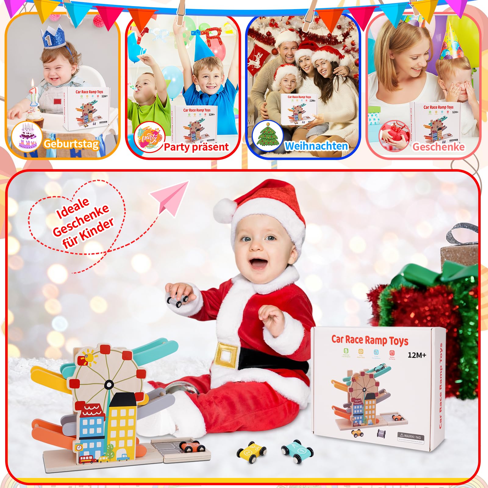 FCSONU Kinder Montessori Spielzeug ab 1-4 Jahre, Autorennbahn/Murmelbahn/Kugelbahn Holz ab 1 Jahr, Kinderspielzeug Holzspielzeug ab 1 2 3 Jahr, Weihnachten Geburtstag Geschenk für Junge Mädchen Baby