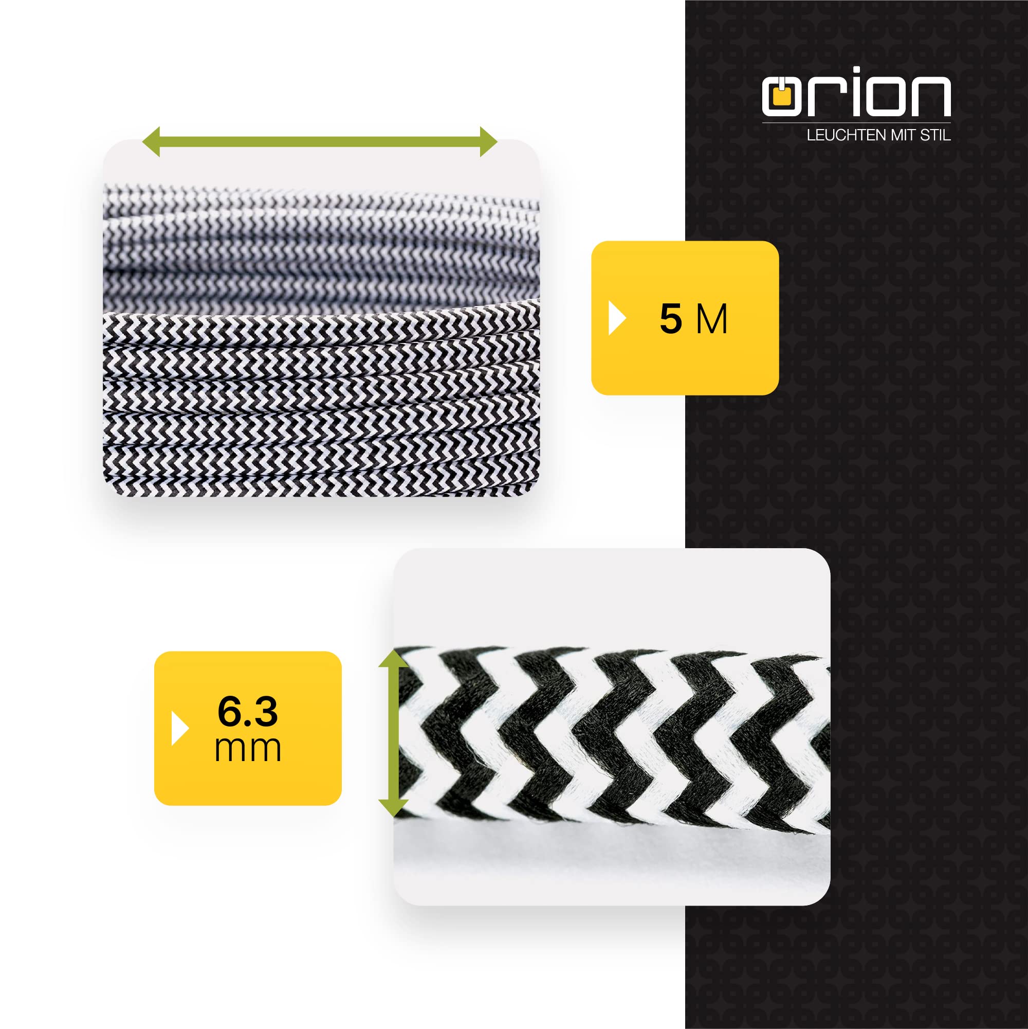 Cable con revestimiento textil, cable de alimentación de 3 hilos, 3 x 0,75 mm², con conductor a tierra, accesorios de lámpara (5 m, Blanco Negro)