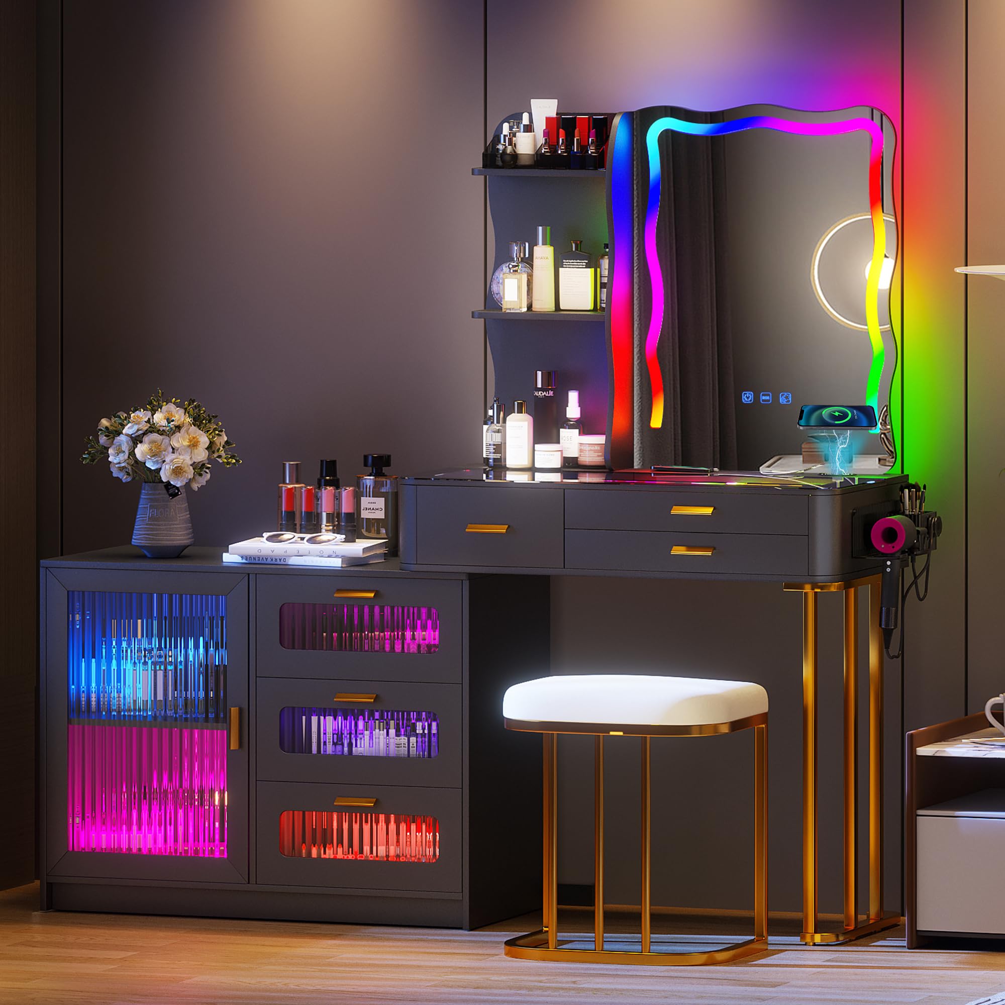 Lvifur RGB Makeup Vanity Desk with Lights, Glass Top Vanity Table with 24 Color Dimmable Lights, Large Vanity Set with 8 Drawers, Dressing Table with Cushioned Stool, Black