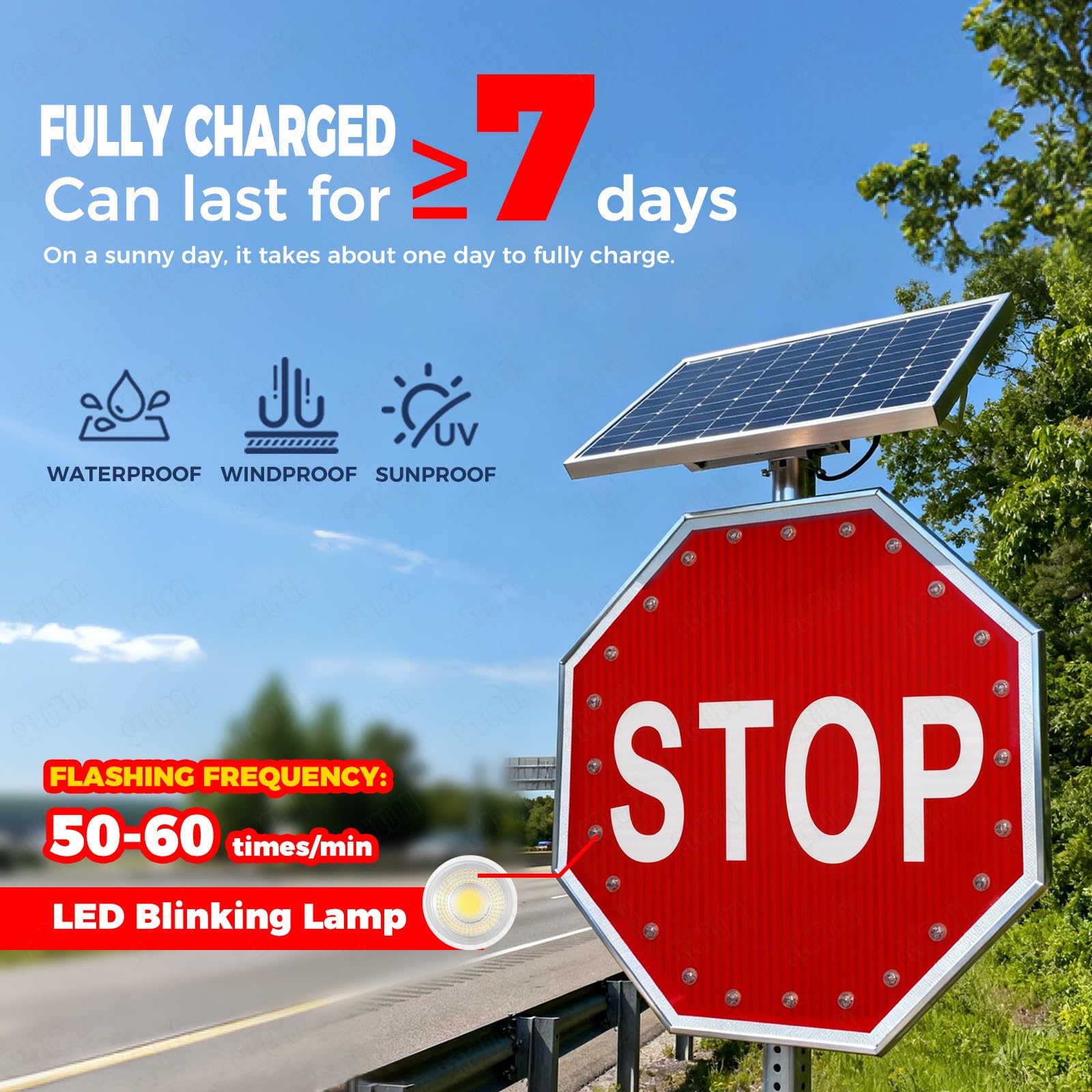 Señal de Stop de 60 cm (24") con Energía Solar, Luz de Stop Intermitente LED, Señal de Tráfico Octogonal, Película Reflectante de Grado Ingeniero - Ideal para Entradas de Vehículos y Escuelas