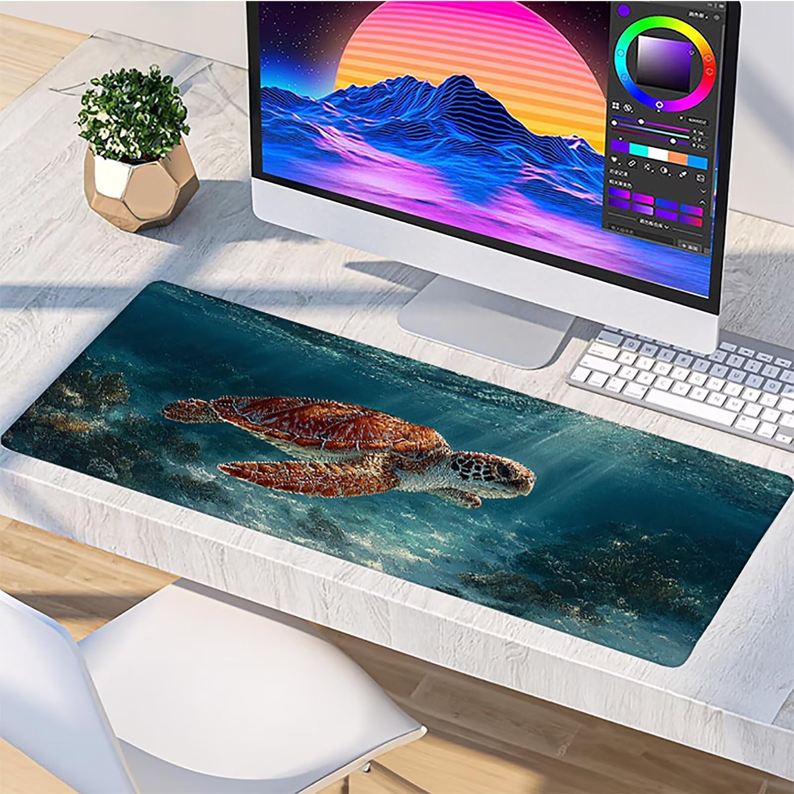 Niebieska podkładka pod mysz gamingową, 1000 x 500 x 3 mm, podkładka na biurko, żółw, ze zszytymi krawędziami, akcesoria gamingowe, poprawia precyzję i prędkość, podkładka pod mysz, duża podkładka pod