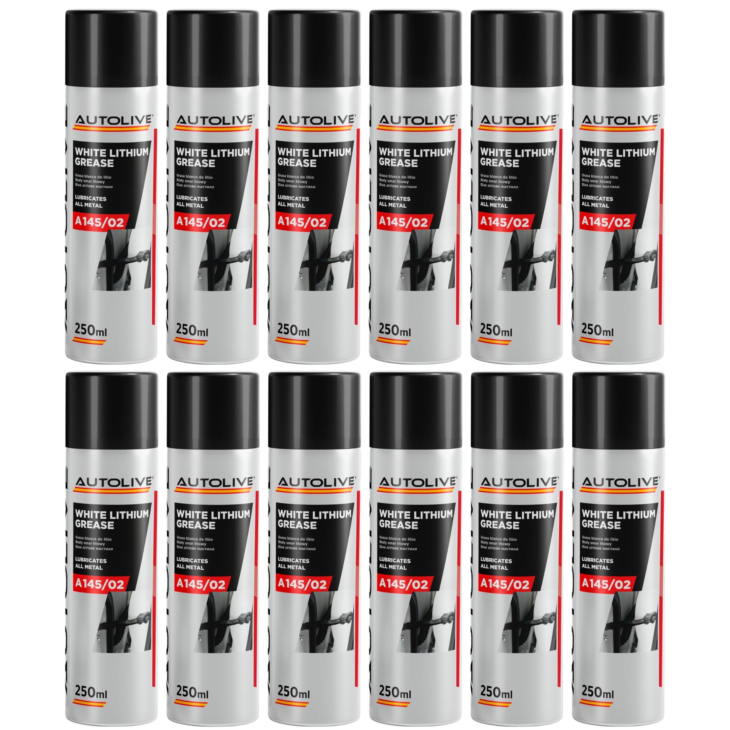 AUTOLIVE Grasa Blanca de Litio en Spray Pack de 12 x 250 ml – Lubricante Multiusos para Metal y Plástico – Resistente a la Corrosión, al Calor y al Frío – Protección y Mantenimiento Duradero