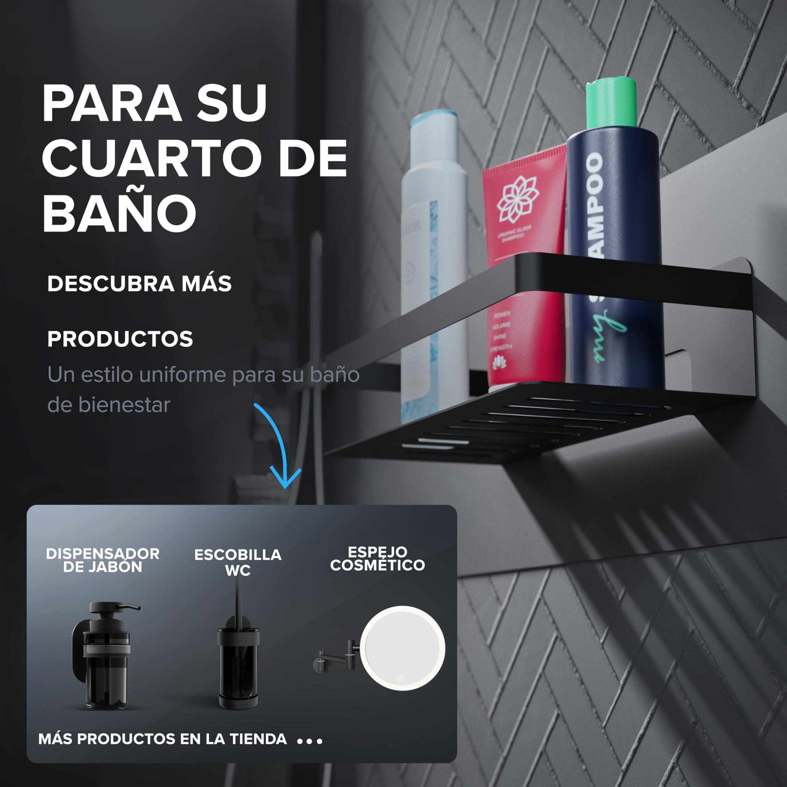 Ovimar Cesta de Ducha Rectangular Hinnoya | Negro Mate | Acero Inoxidable | Sin Taladrar | Para Pegar | Plato de Ducha | Ahorra Espacio | Para Bañera | Guarda Gel