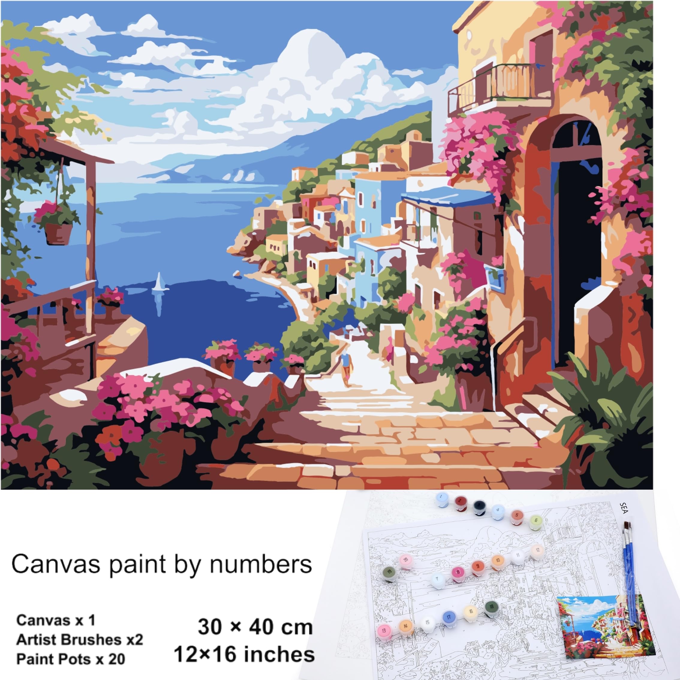 EXERZ Rolled Up Canvas Paint by Numbers – 30x40cm | 20 Colours, 2 Brushes, Compact Gift Box – Ideal Travel Art Set for Kids & Adults, Beginners & Artists (Sea)