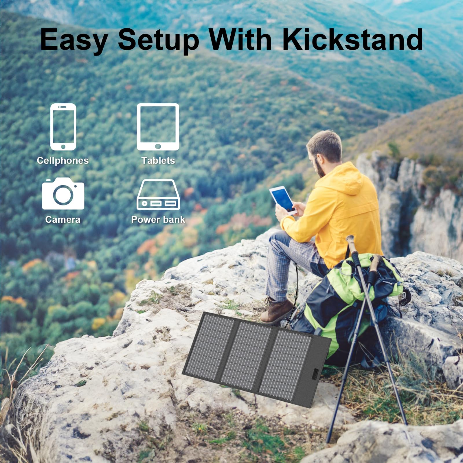 Przenośna ładowarka do paneli słonecznych 45 W z wyjściami USB-C, USB-A i DC, 18 V, składana, wodoszczelność IP67, z regulowaną podpórką, mini ładowarka do telefonów, powerbanku, kempingu, wędrówek