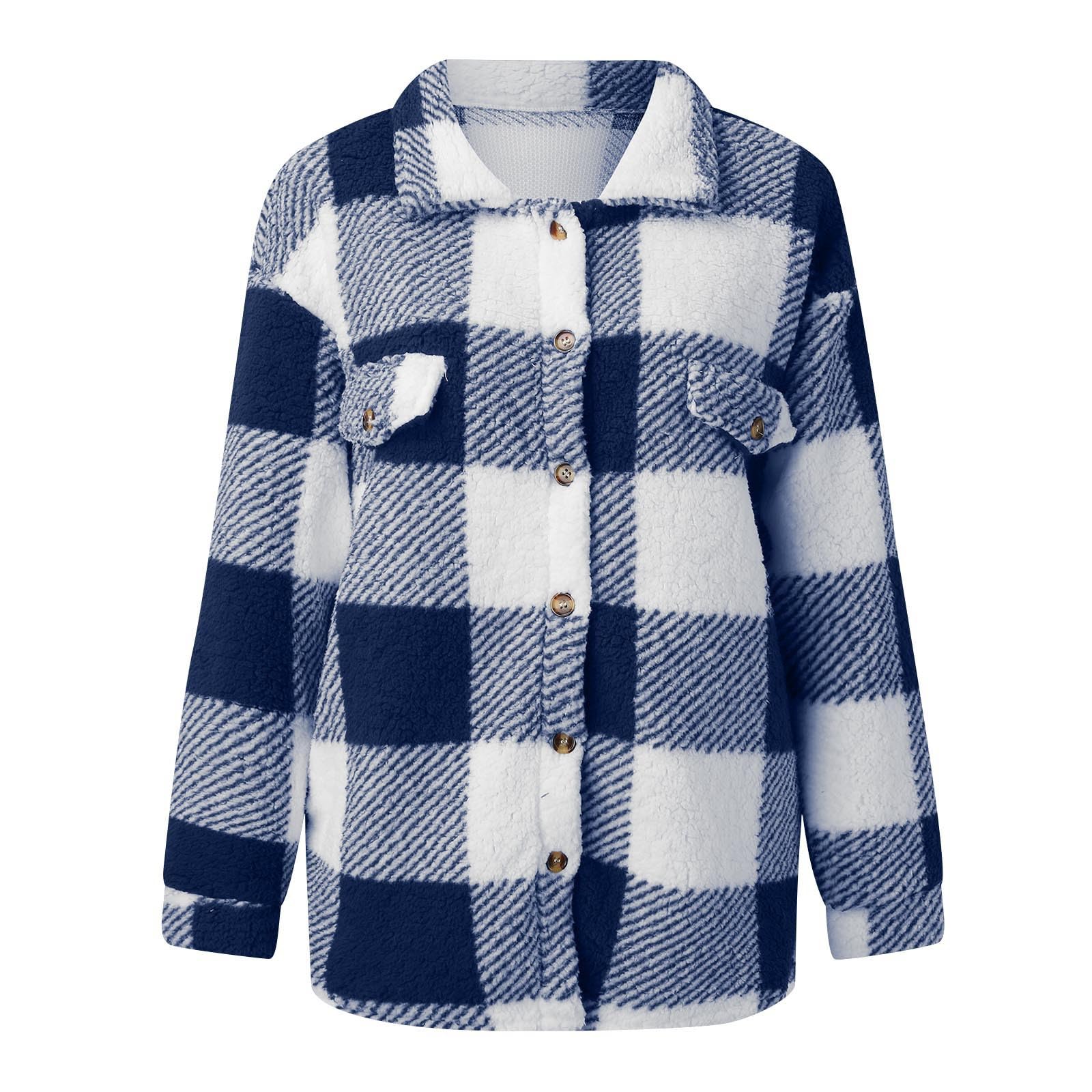 Generisch Daunenjacken Damen Übergröße Casual Color Block Plüsch Fleecejacke Button Down Loose Bluse Warmer Mantel